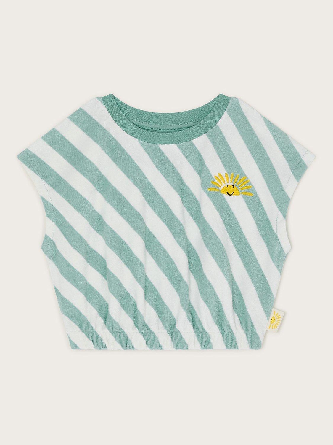 Monsoon Kids' Stripe Towelling Crop Cap Sleeve Top, Green