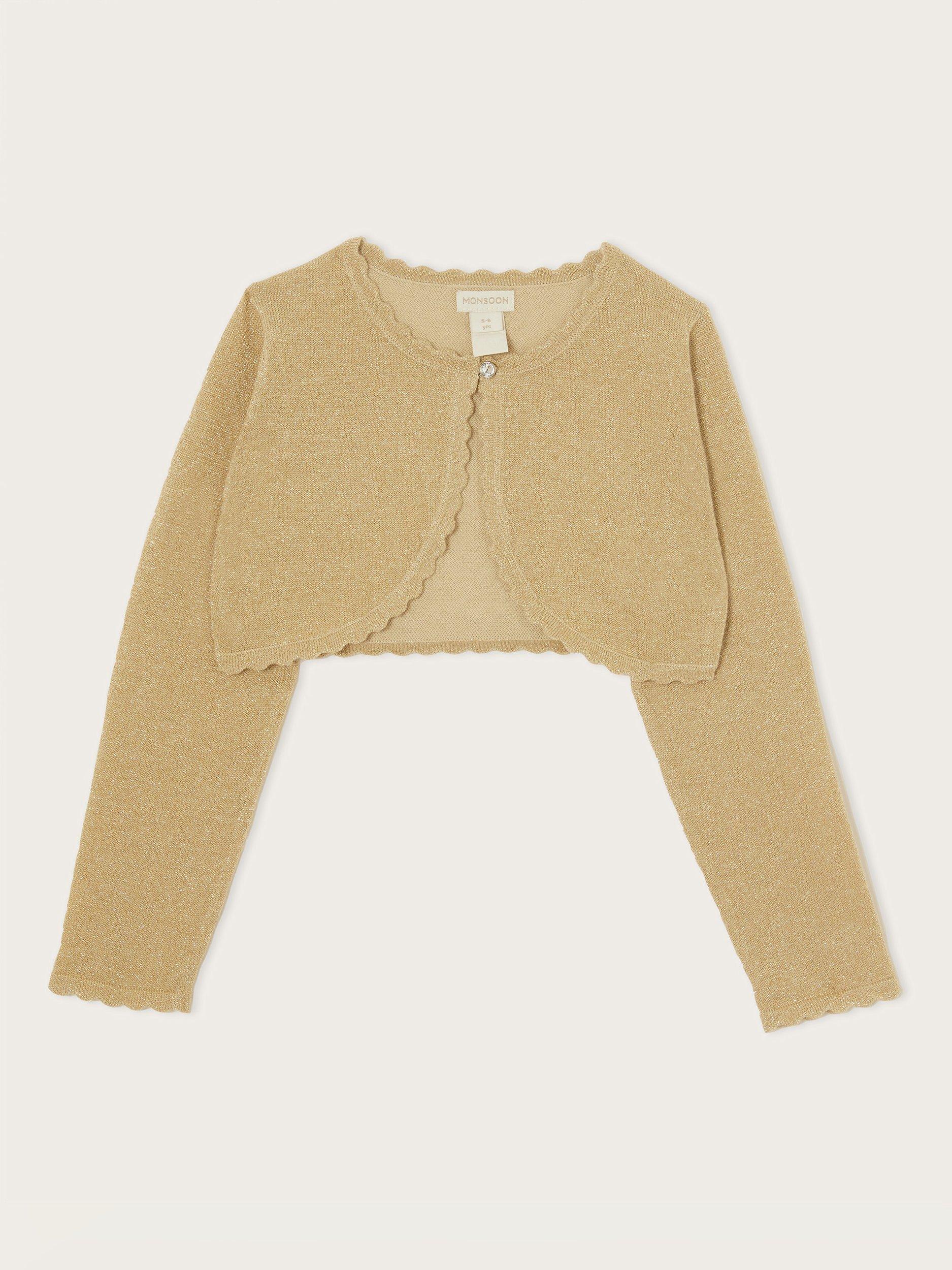 Product image 2 of 4, which shows Monsoon Kids' Niamh Scalloped Metallic Cardigan, Gold, 12-13 years