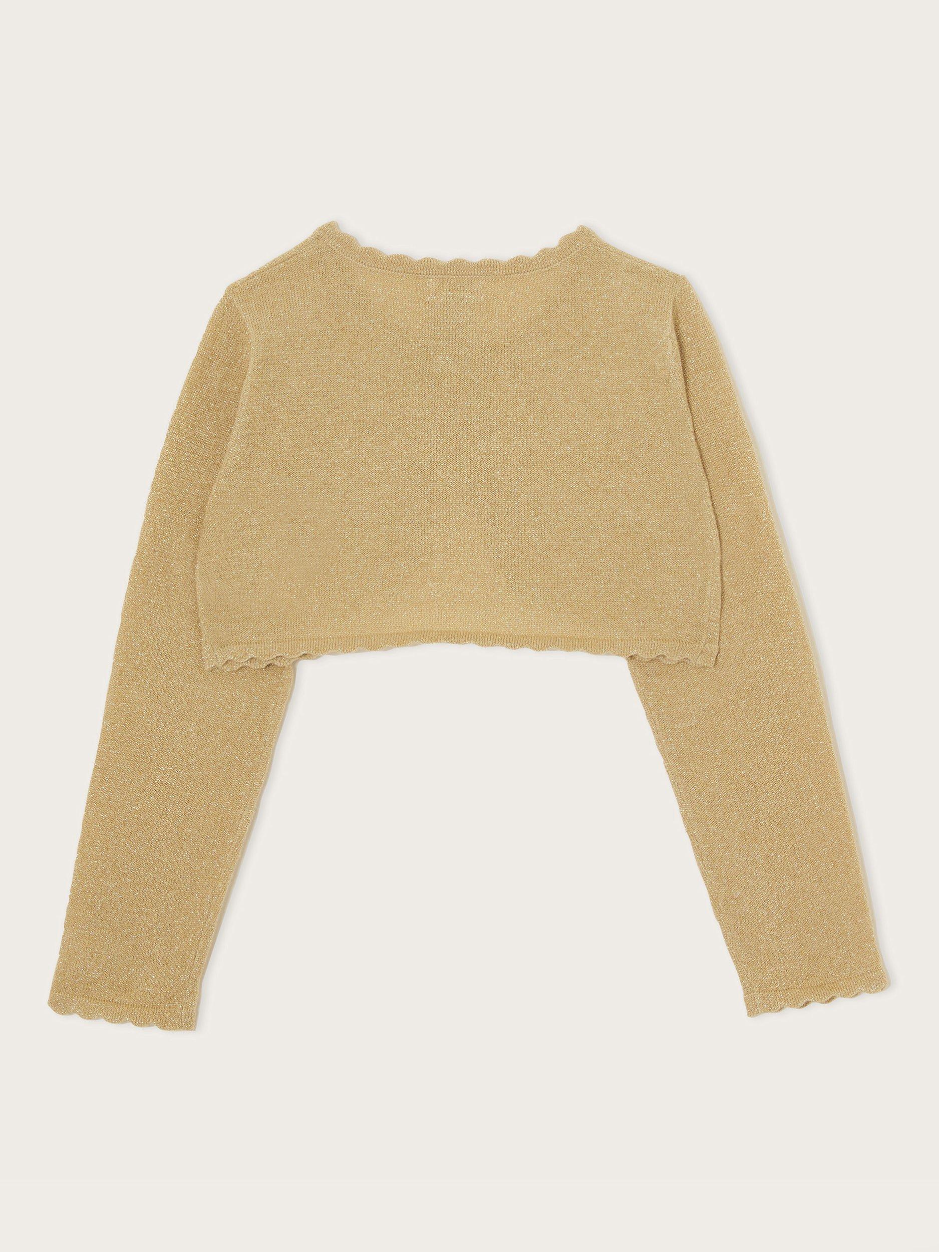 Product image 3 of 4, which shows Monsoon Kids' Niamh Scalloped Metallic Cardigan, Gold, 12-13 years