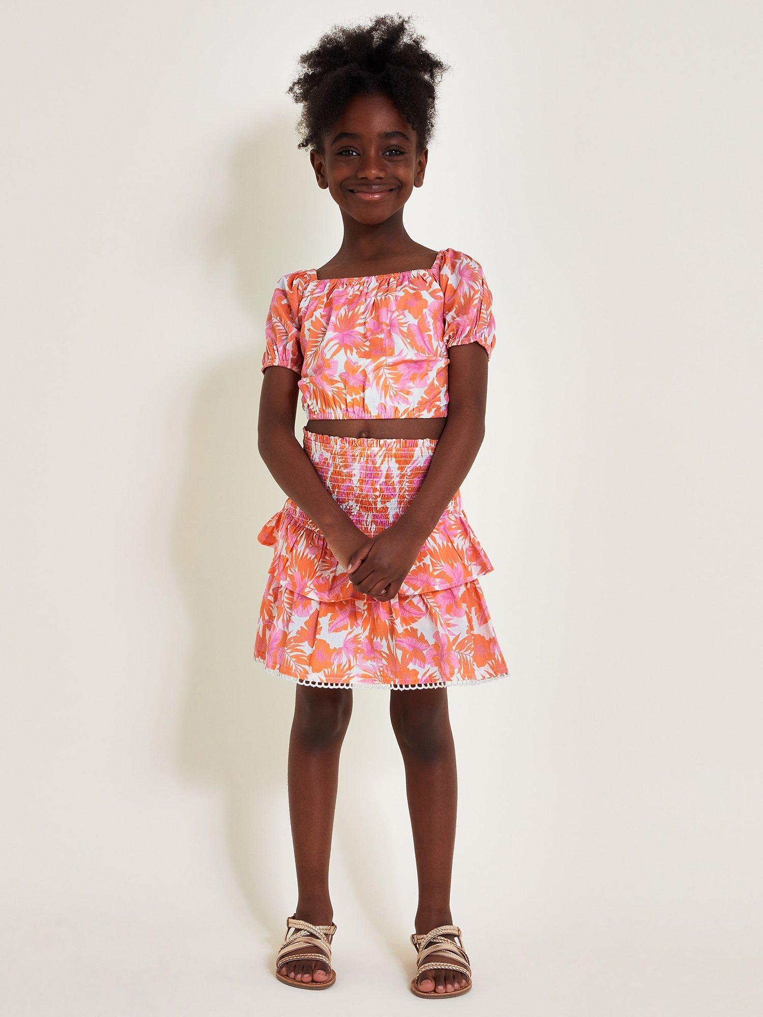 Monsoon Kids' Tinashe Palm Print Puff Sleeve Top, Coral/Multi, Coral