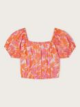 Monsoon Kids' Tinashe Palm Print Puff Sleeve Top, Coral/Multi