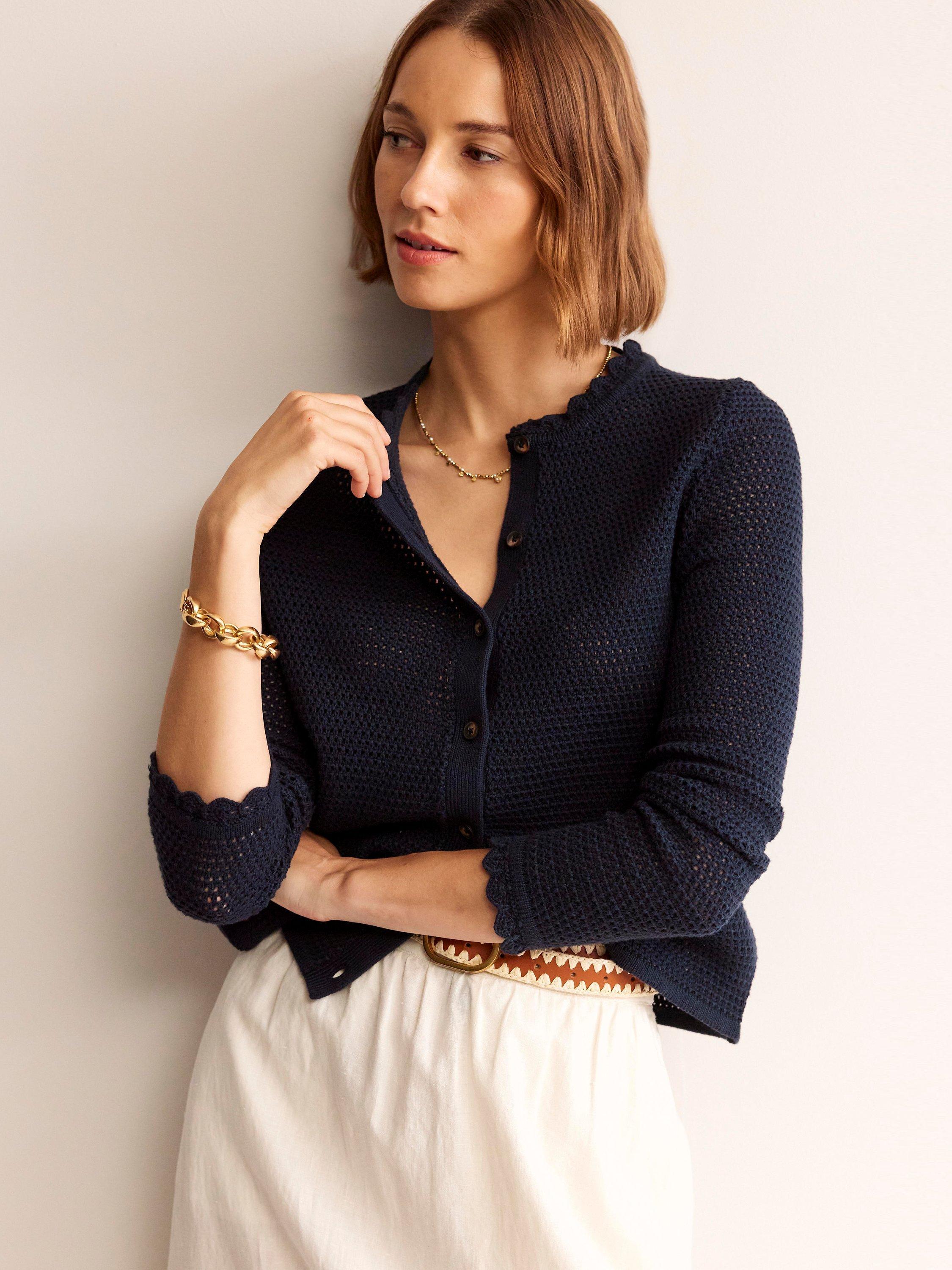 Boden Cotton Textured Scallop Cardigan, Navy