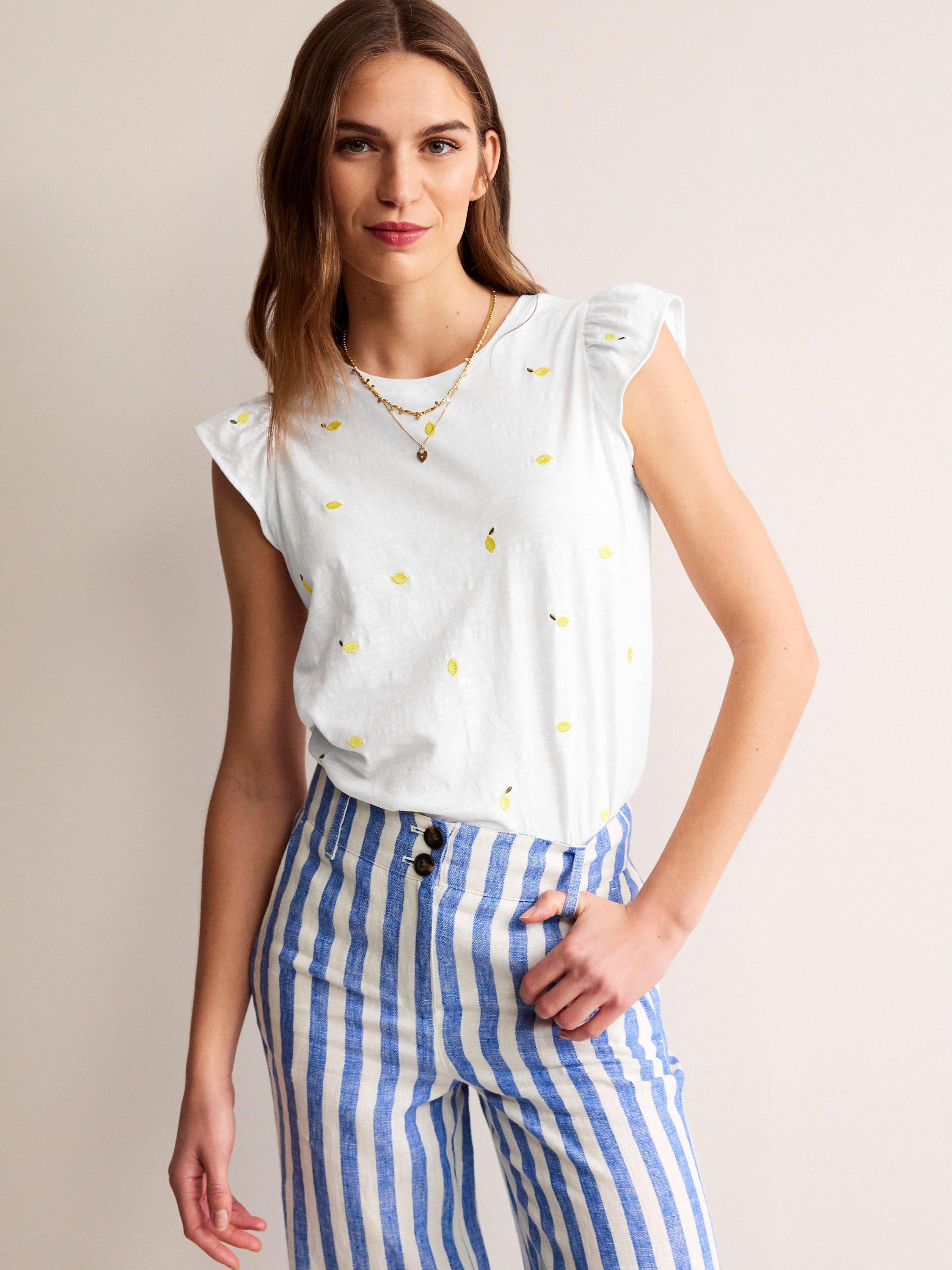 Boden Dora Embroidered Lemons Flutter Sleeve Top, White/Multi