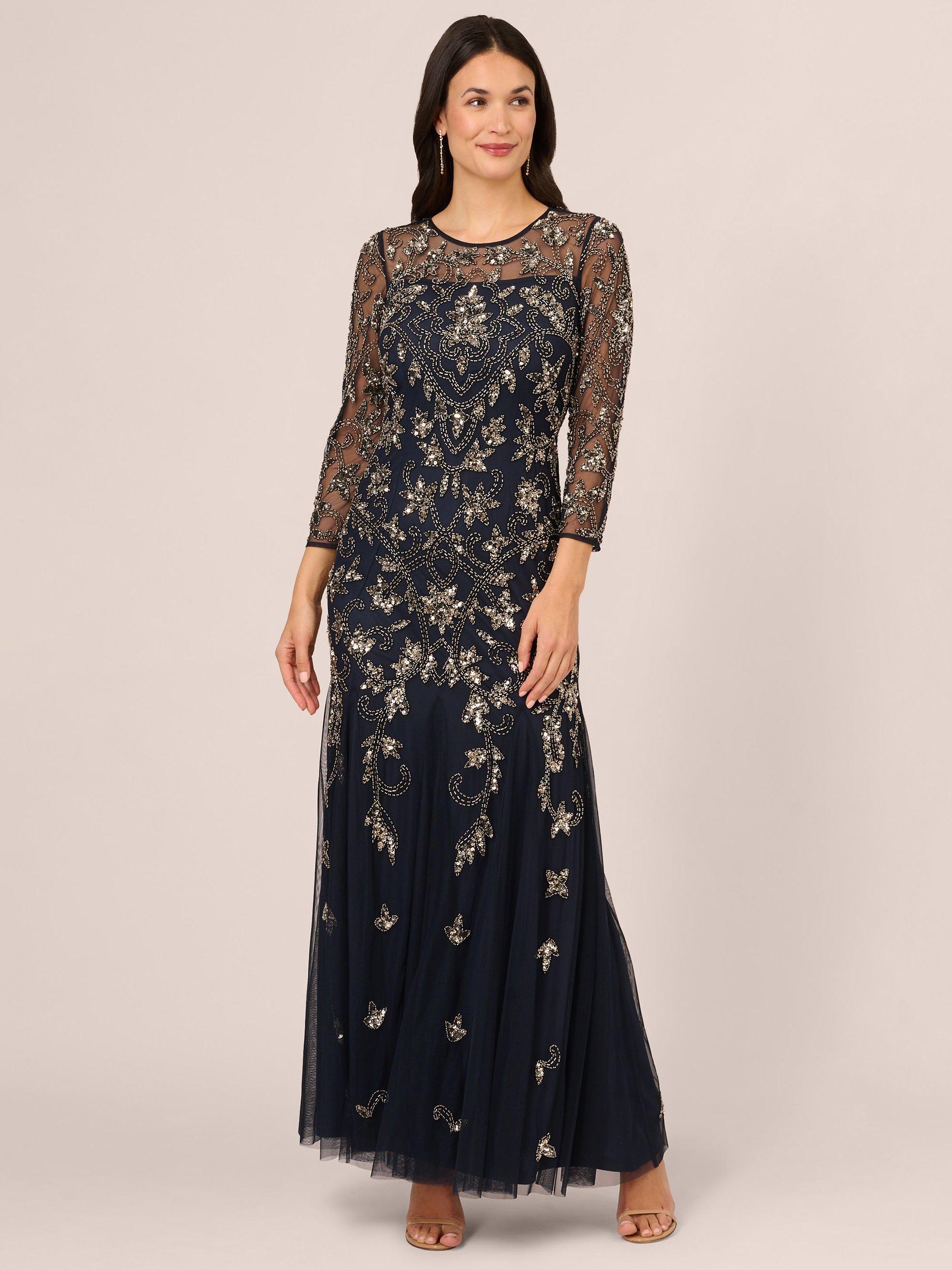 Adrianna Papell Long Sleeve Beaded Dress Midnight