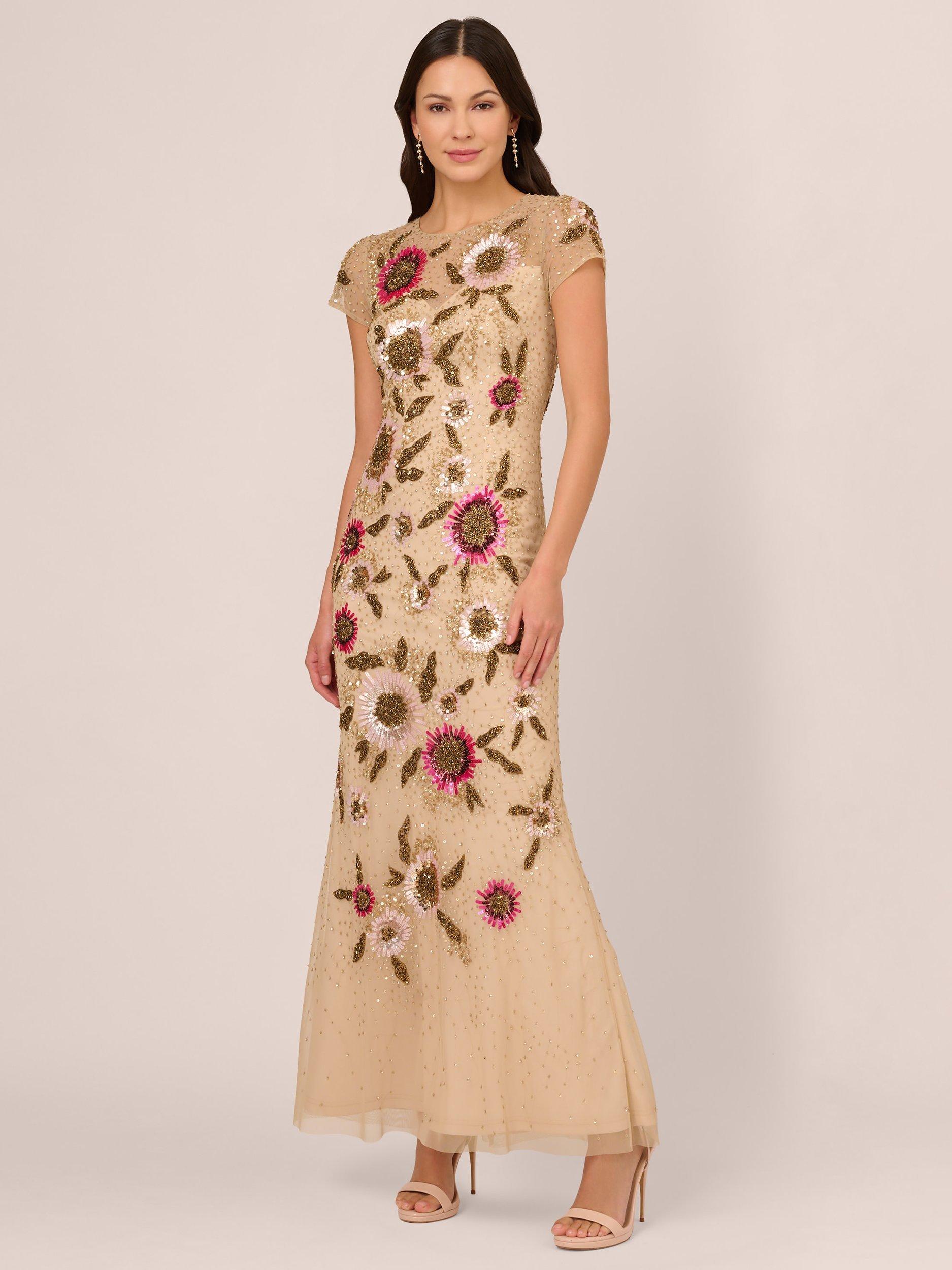Adrianna Papell Floral Bead Mermaid Dress, Nude/Multi