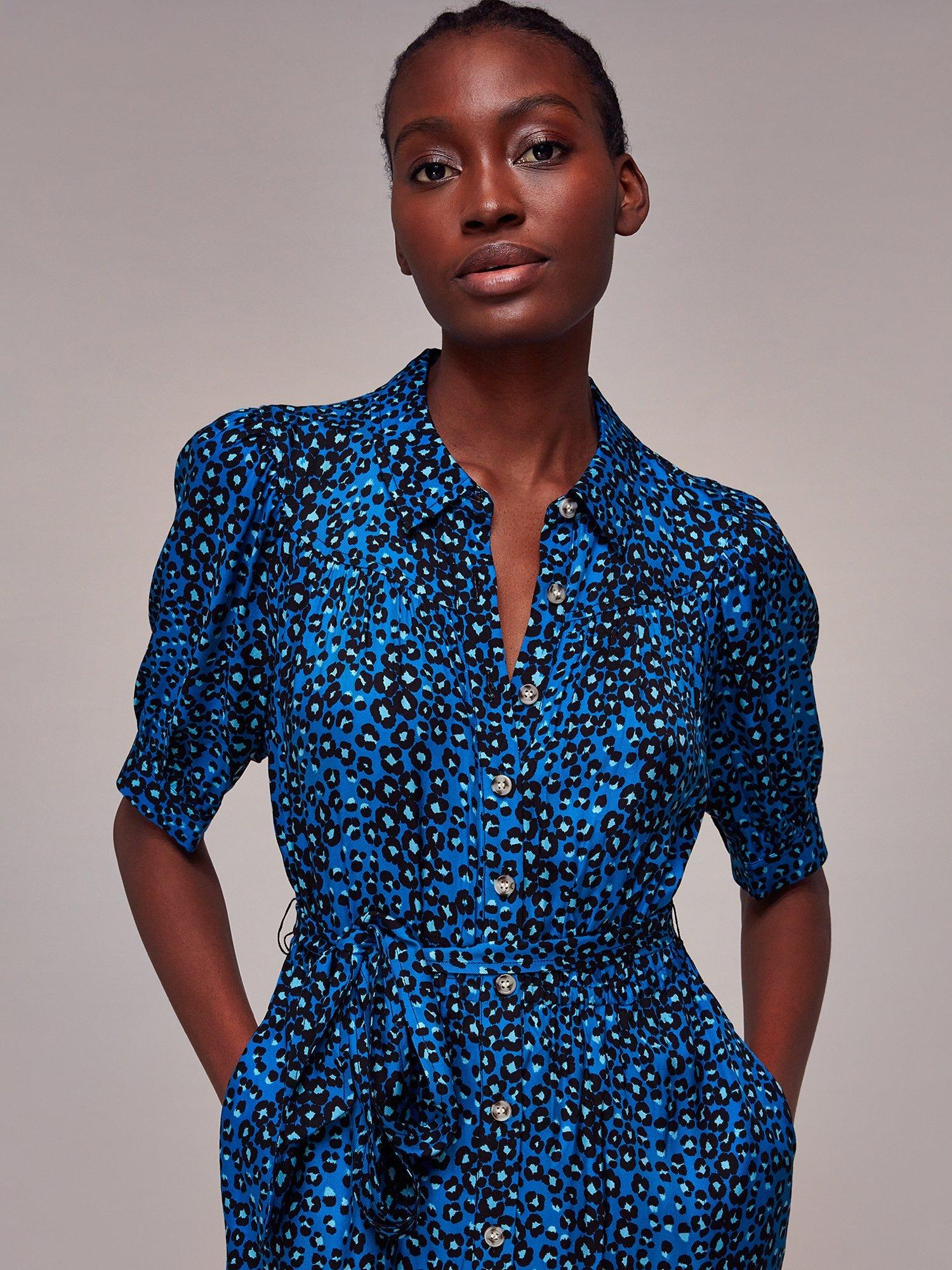 Whistles Painted Leopard Print Midi Shirt Dress Blue Multi