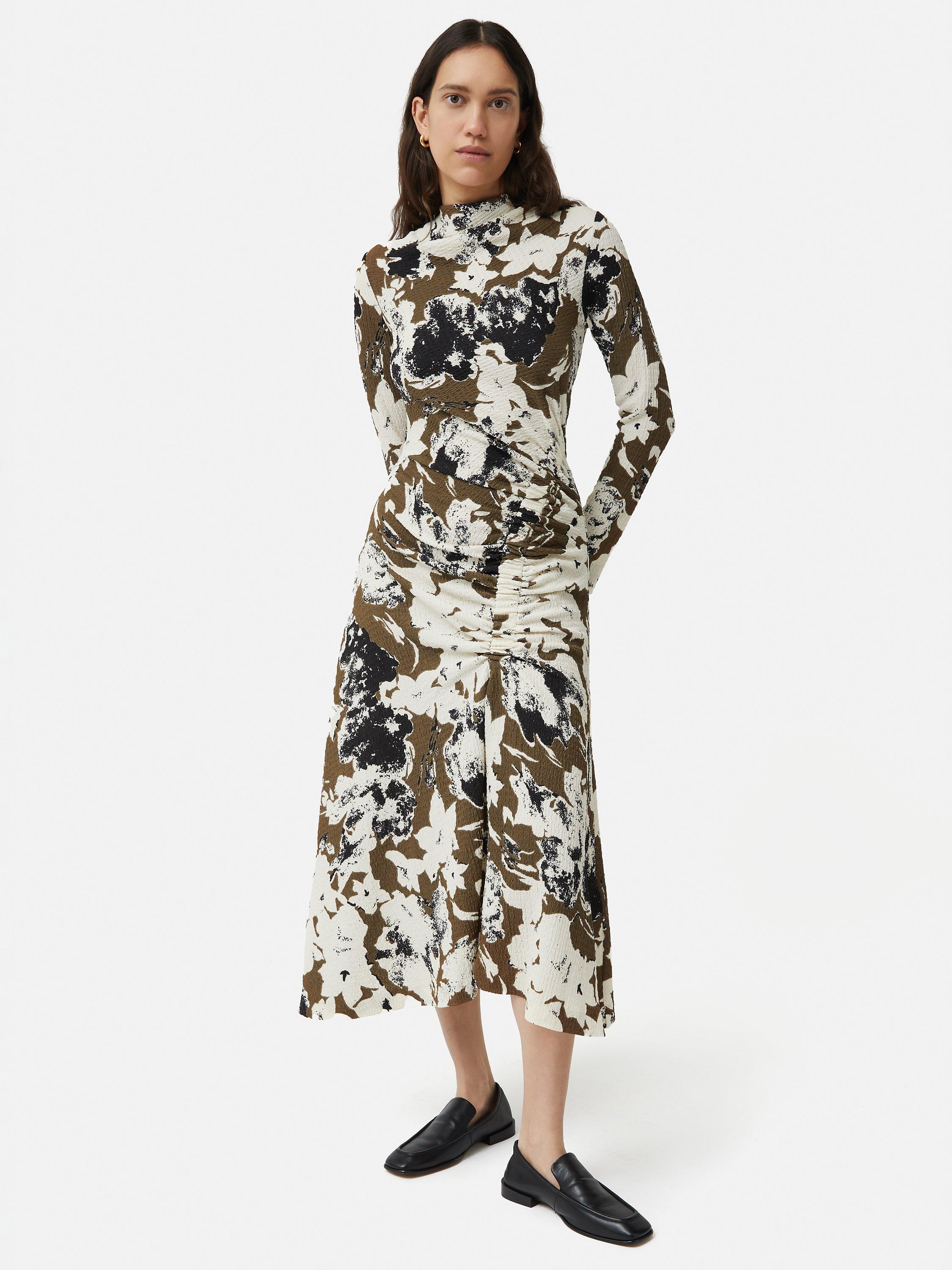 Jigsaw Floral Ruched Midi Dress Khaki