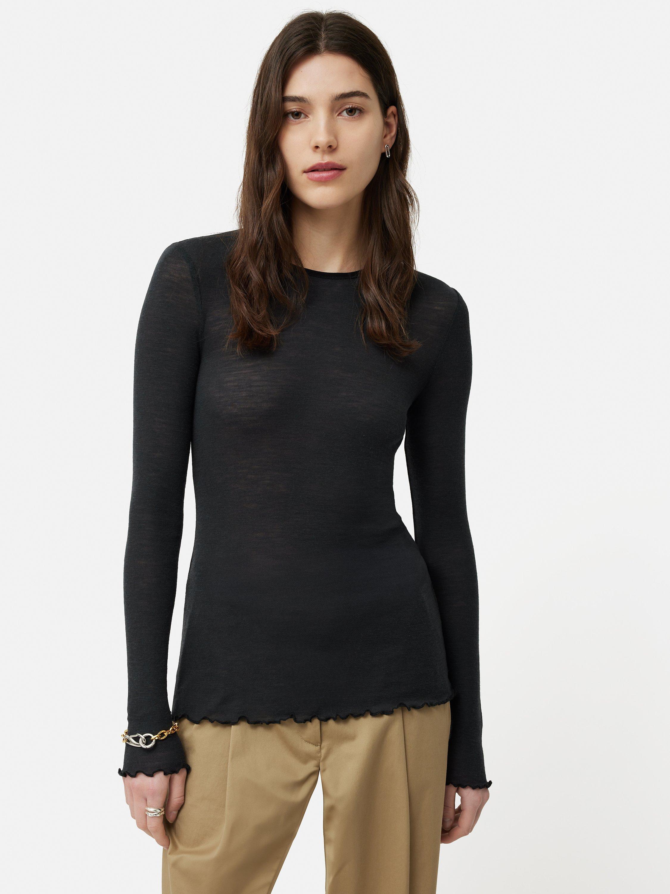 Jigsaw Wool Rib Frill Long Sleeve Top, Grey