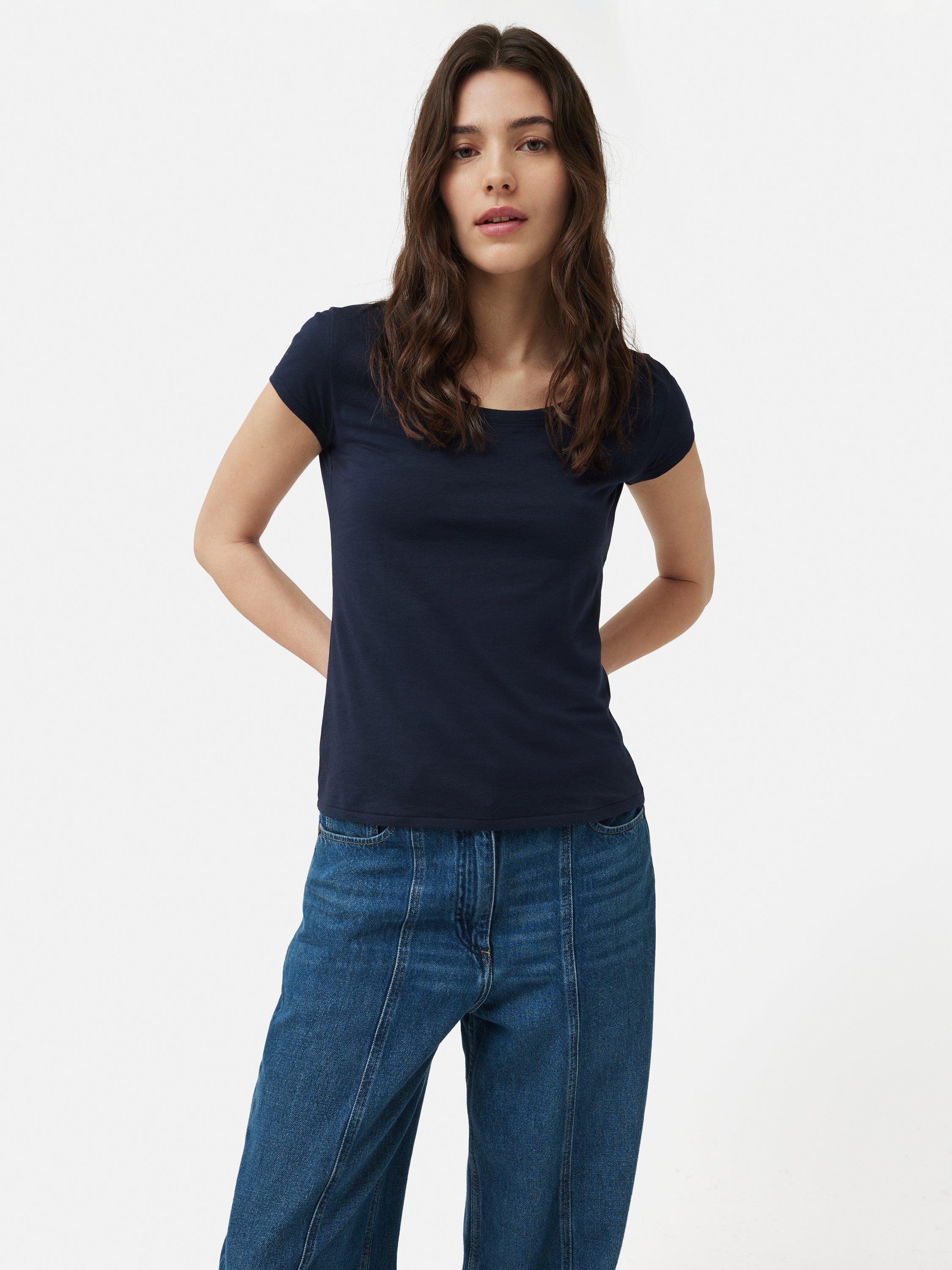 Product image 1 of 8, which shows Jigsaw Supima Cotton Scoop Neck T-Shirt, Navy, XS