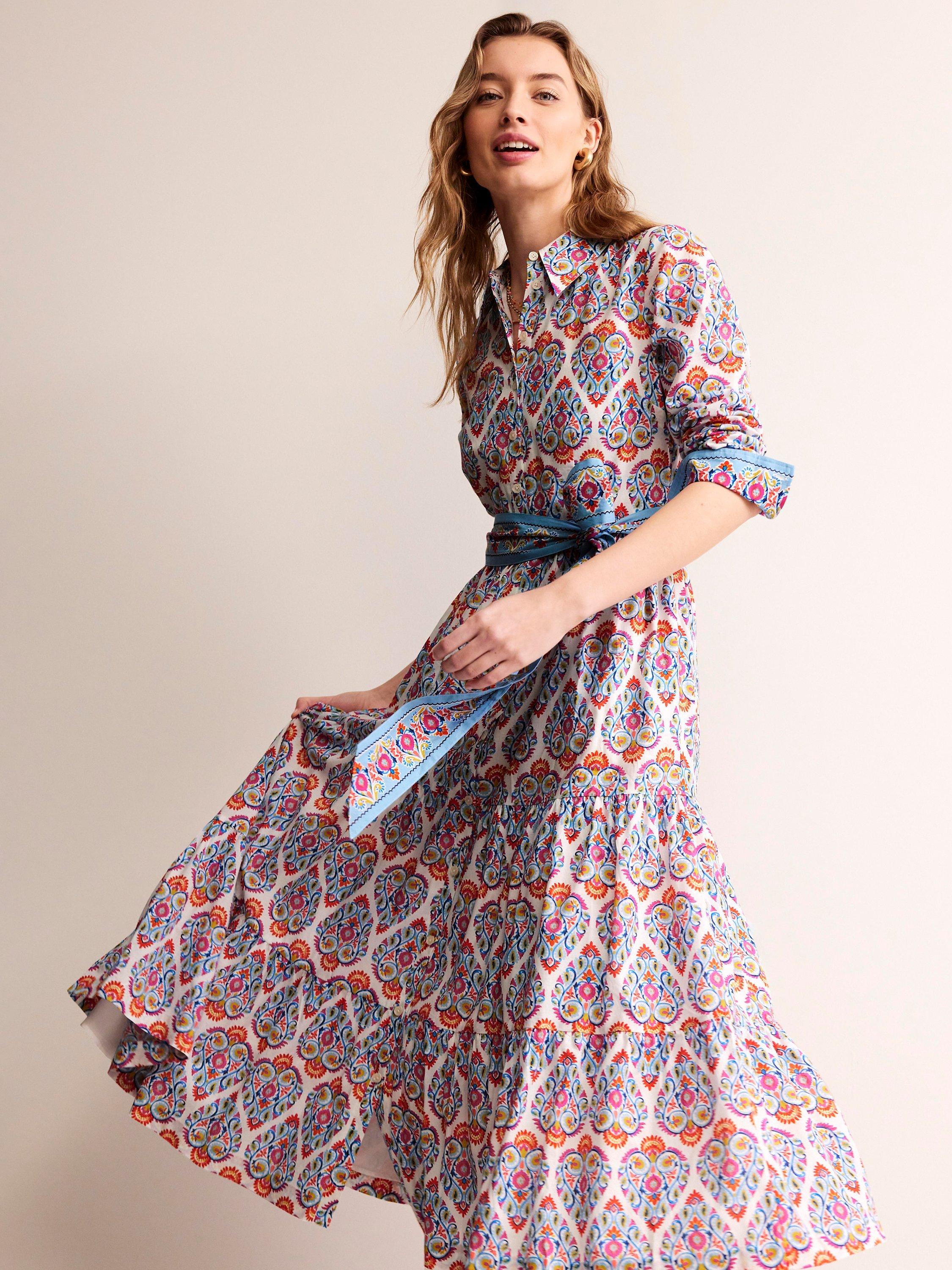 Boden Flo Cotton Midi Shirt Dress, Flora Stamp, 14