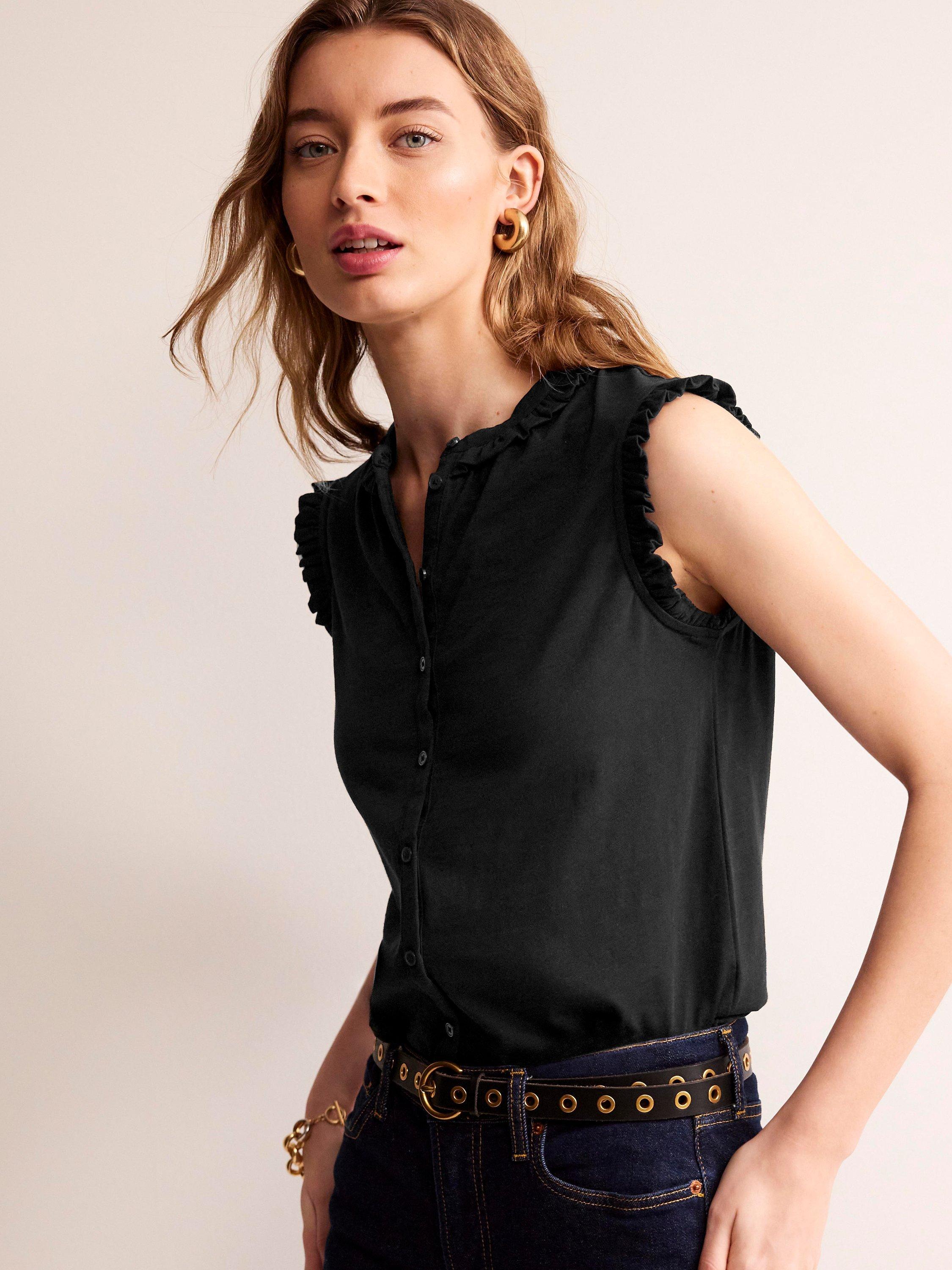 Boden Olive Sleeveless Frill Detail Button Front Top