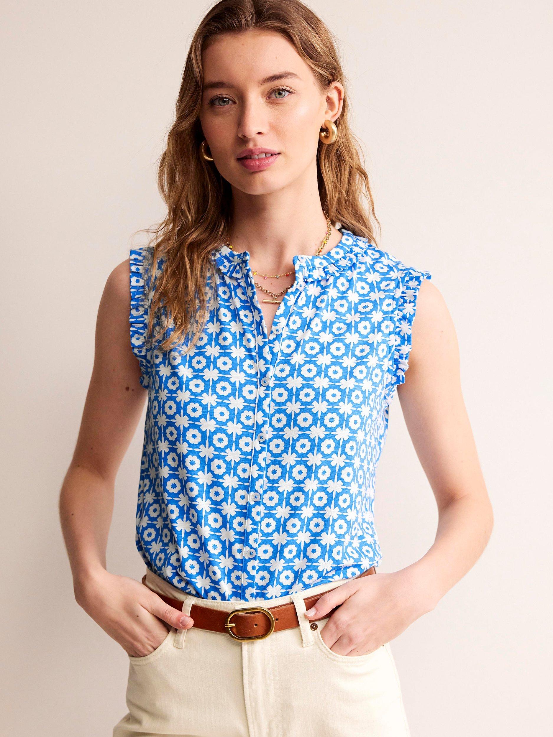 Boden Olive Blossom Tile Print Sleeveless Blouse, Blue/White