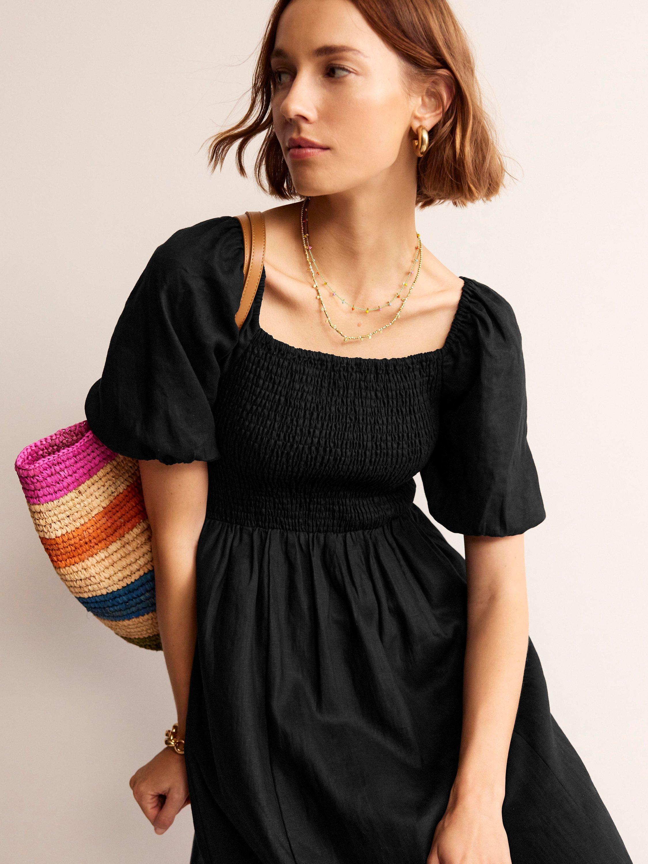 Boden Sky Smocked Linen Midi Dress, Black, 12