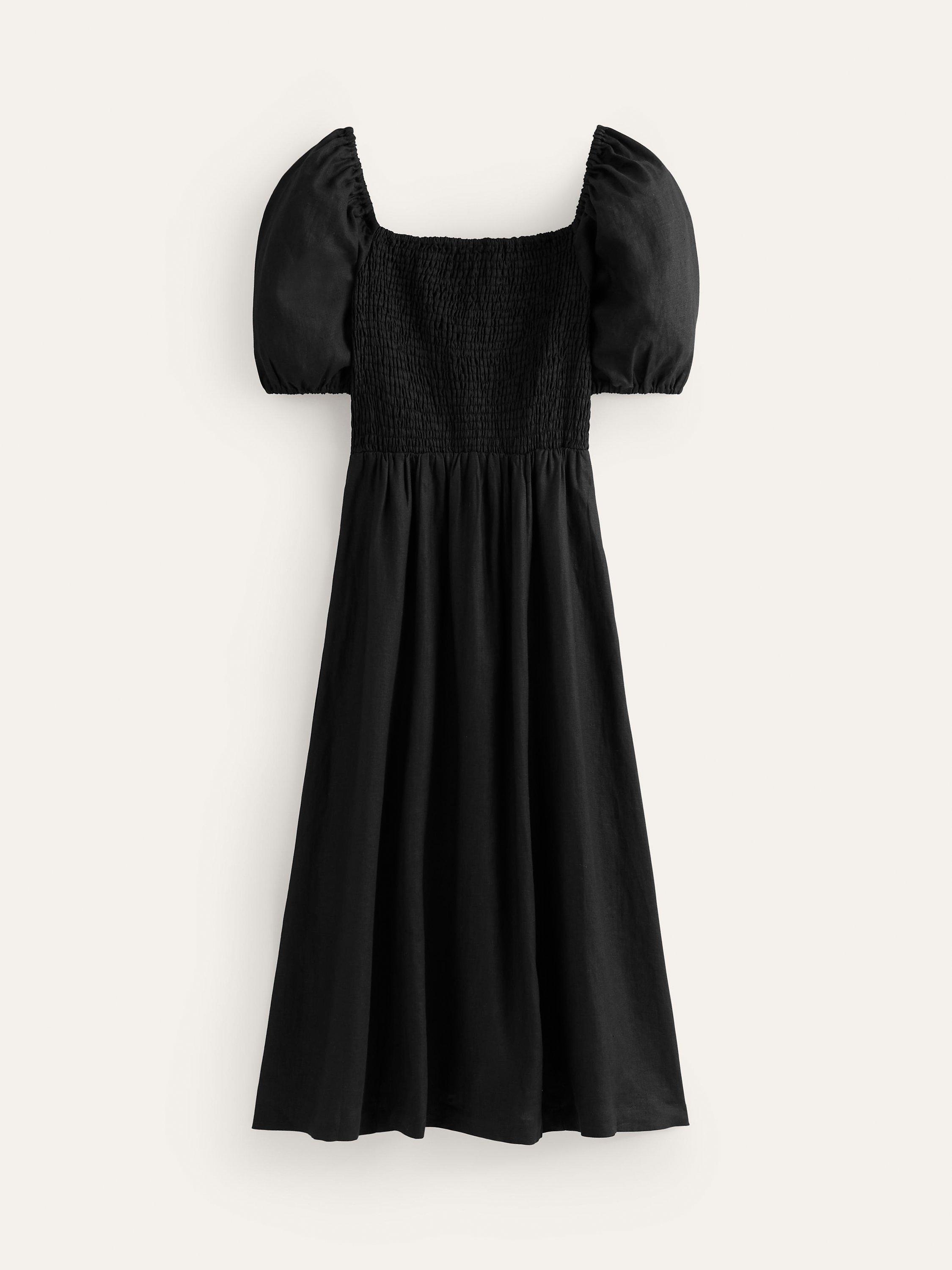 Boden Sky Smocked Linen Midi Dress, Black, 12