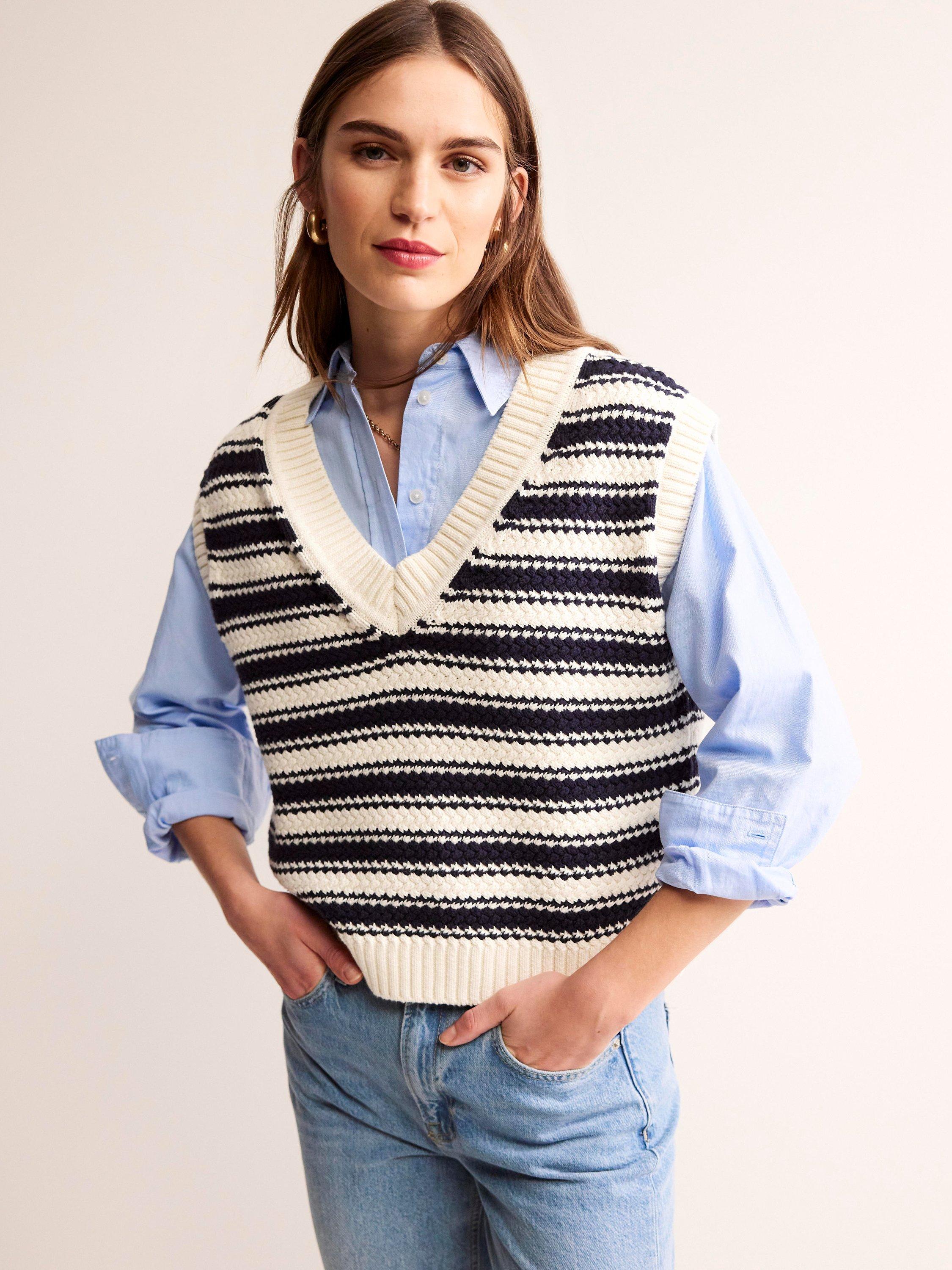 Boden Textured Striped Cotton Tank Top, Navy/Ivory, Navy, Ivory Stripe