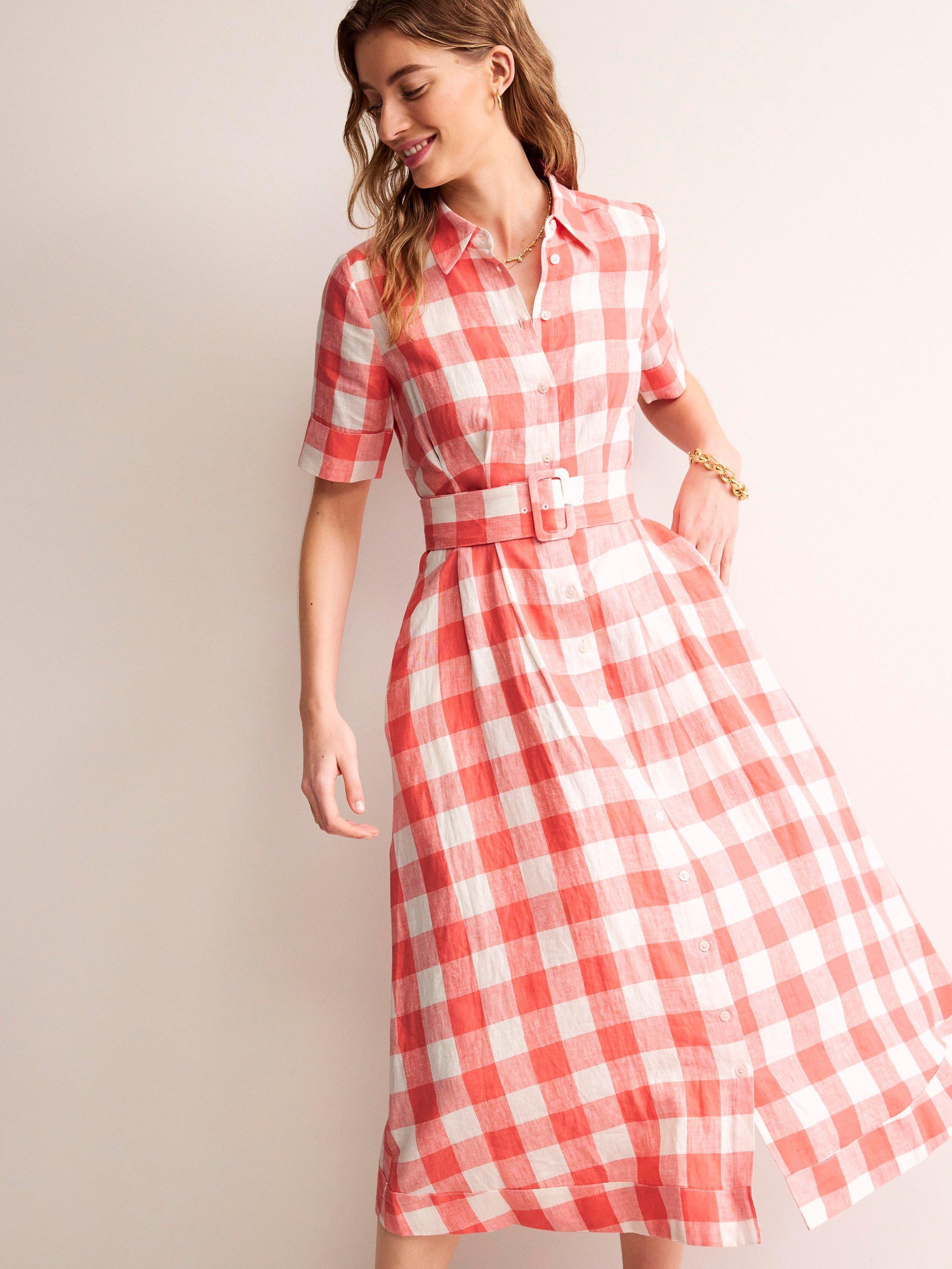 Boden Louise Checked Linen Midi Shirt Dress Porcelain Rose