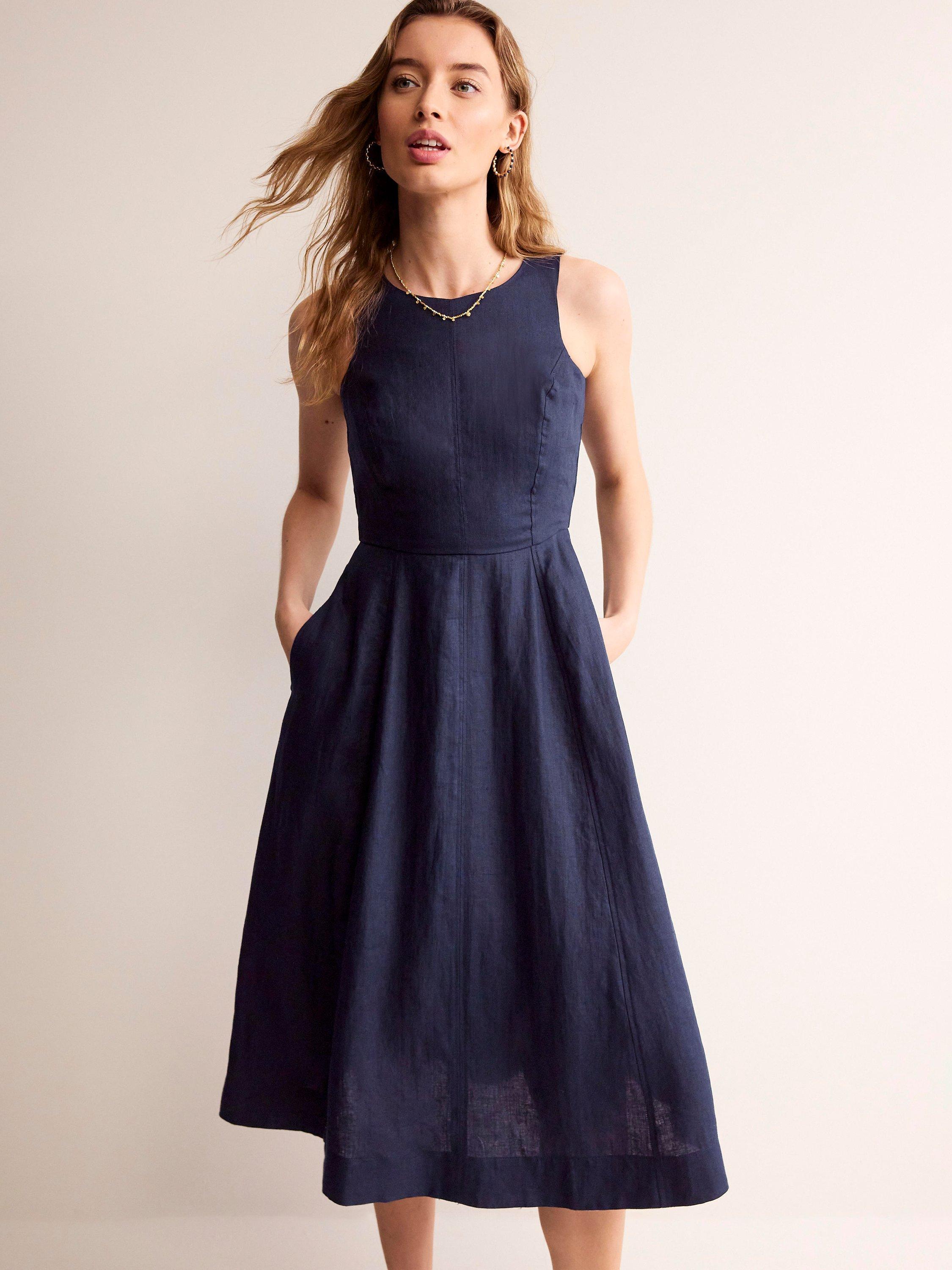 Boden Carla Linen Midi Dress, Navy