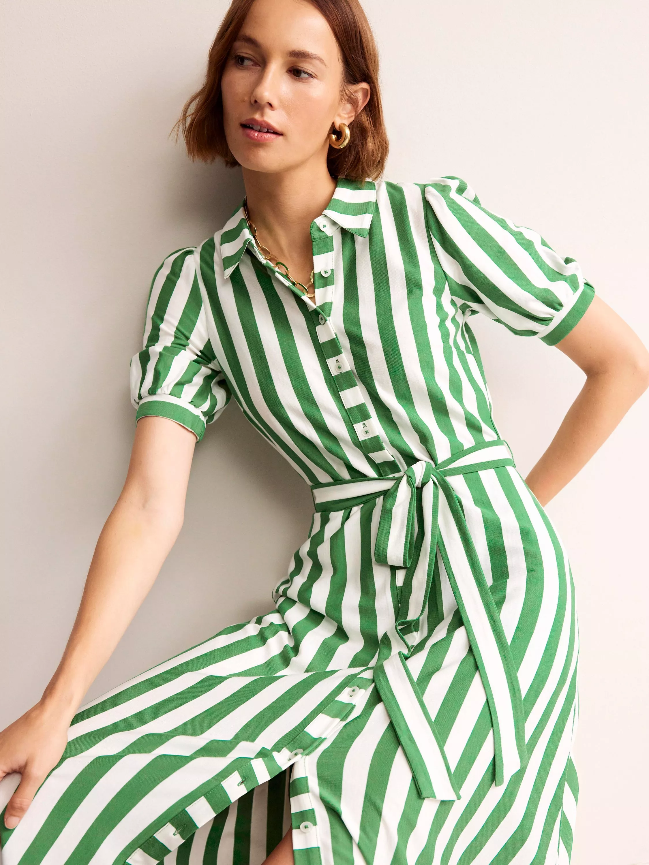 Boden Libby Jersey Midi Shirt Dress Green Ivory Stripe