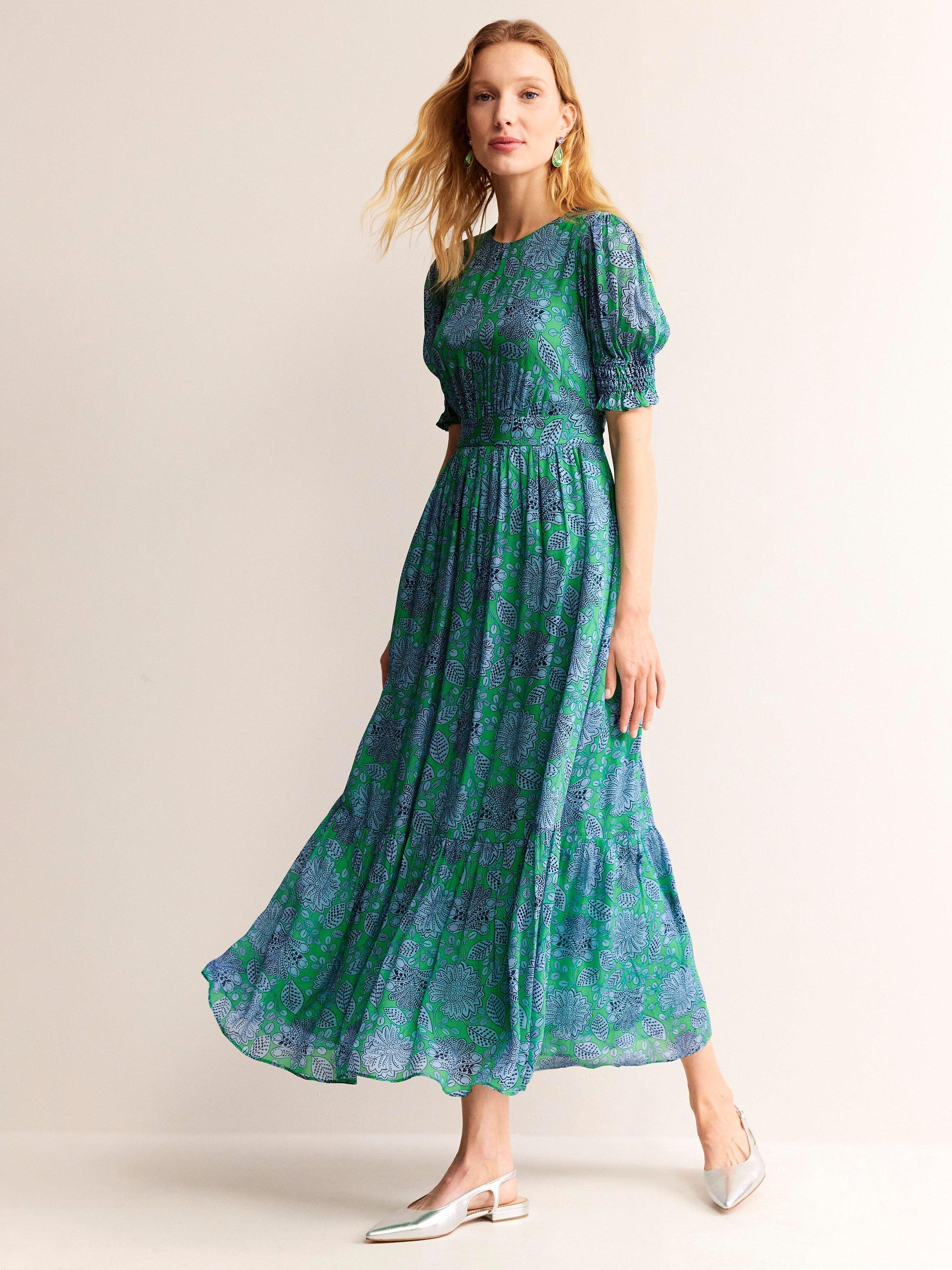 Boden Smocked Cuff Maxi Dress Green Gardenia Swirl