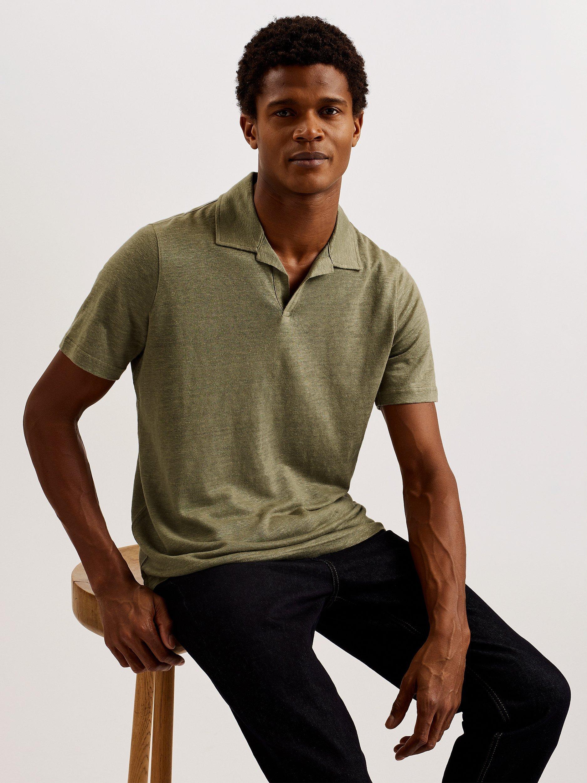 Ted Baker Flinpo Short Sleeve Regular Linen Polo Shirt, Olive