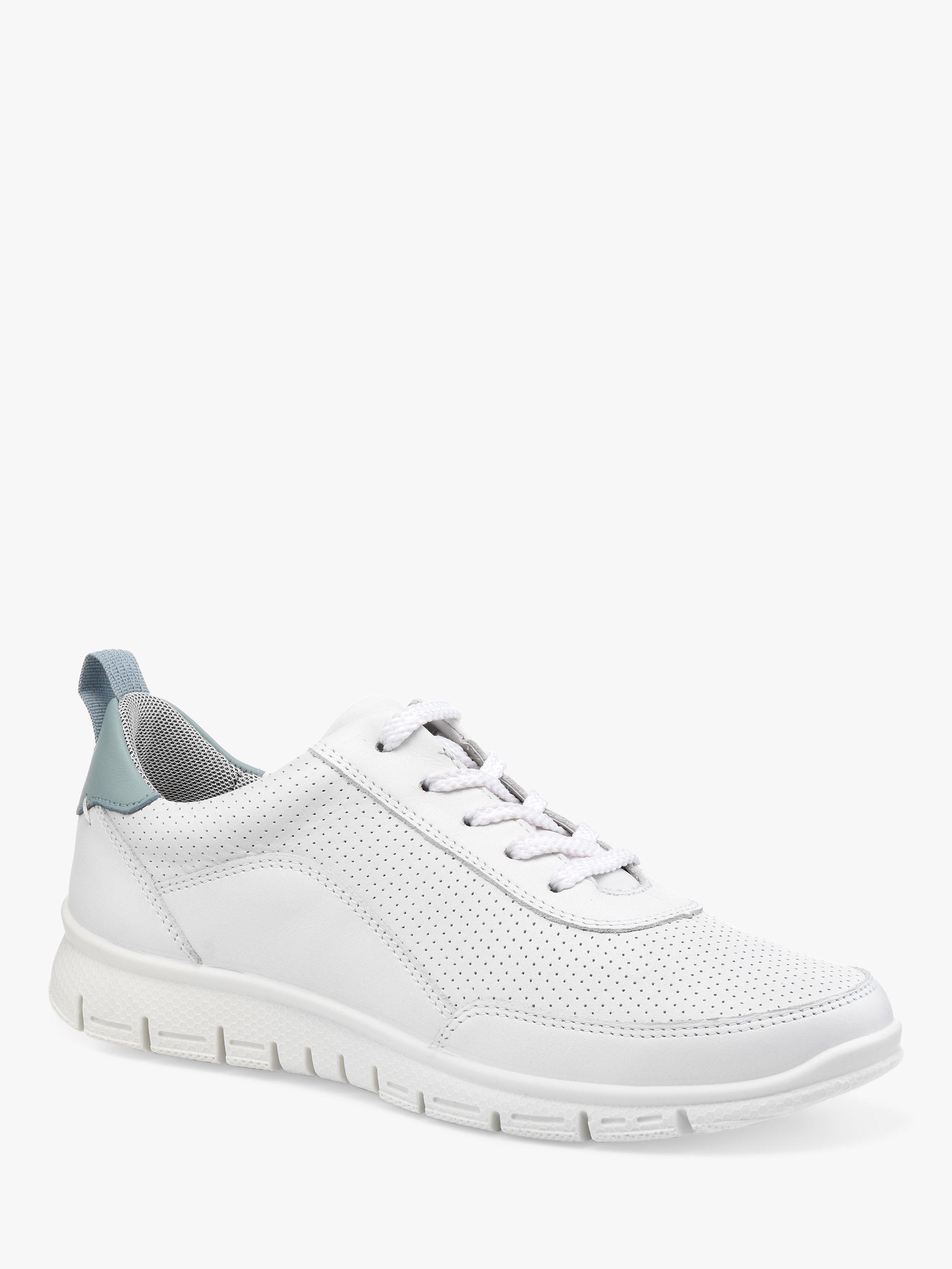 Product image 2 of 4, which shows Hotter Gravity II Wide Fit Lightweight Leather Trainers, White/Sage, 4.5