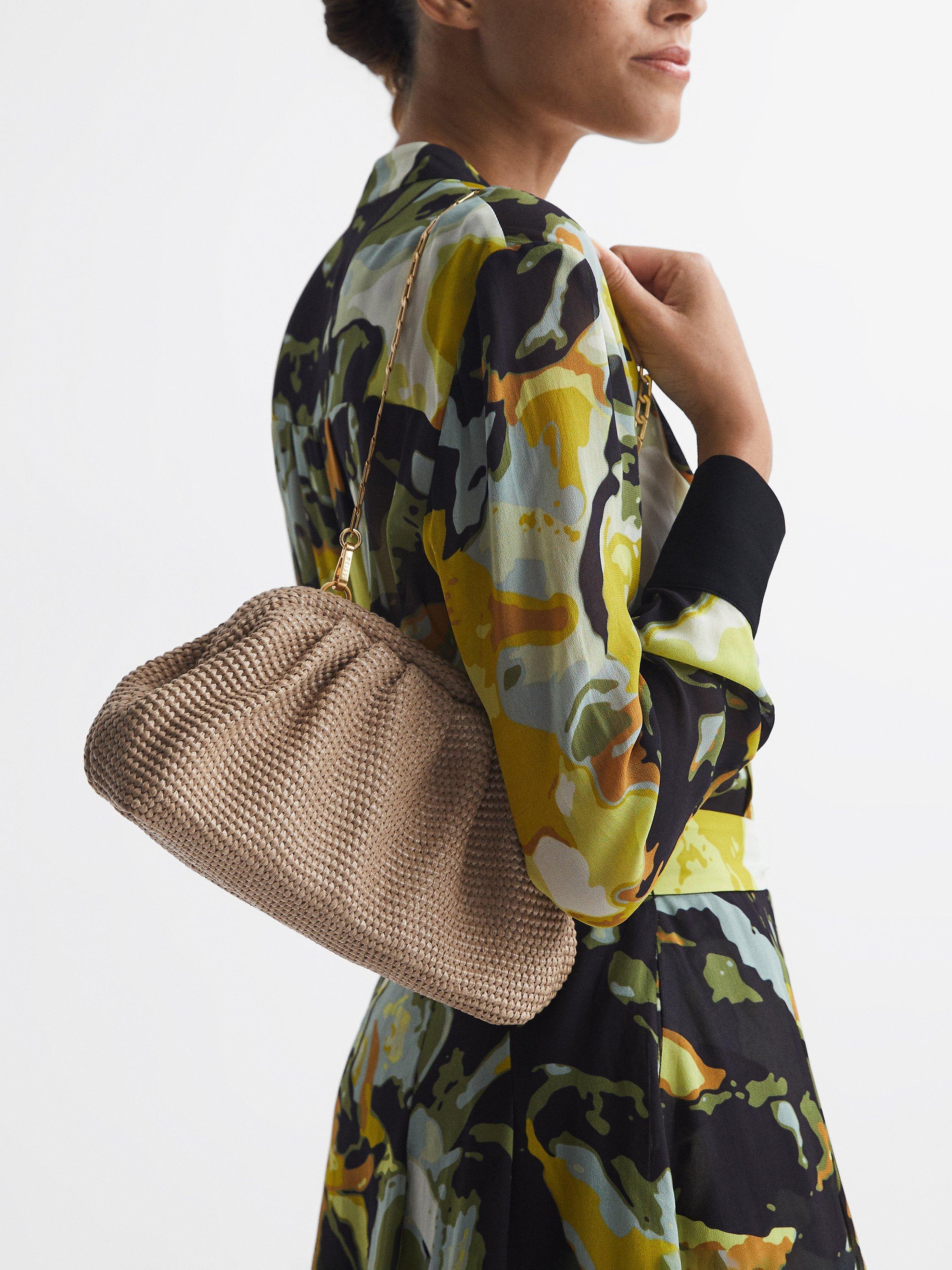 Product image 5 of 5, which shows Reiss Gia Raffia Clutch Bag, Natural, One Size