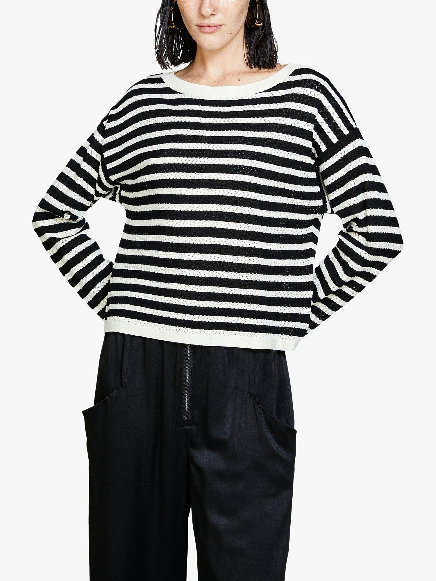 SISLEY Striped Boat Neck Jumper, Black/White, S