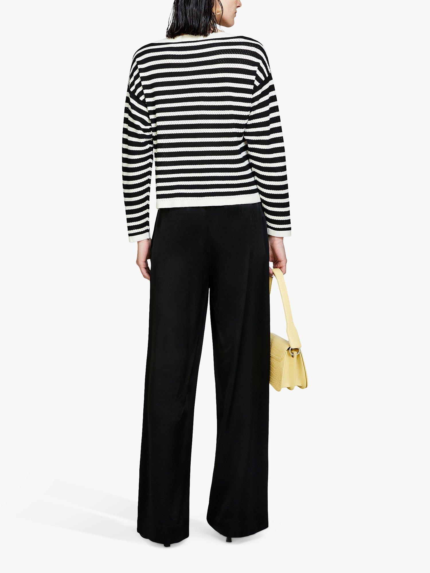 SISLEY Striped Boat Neck Jumper, Black/White, S