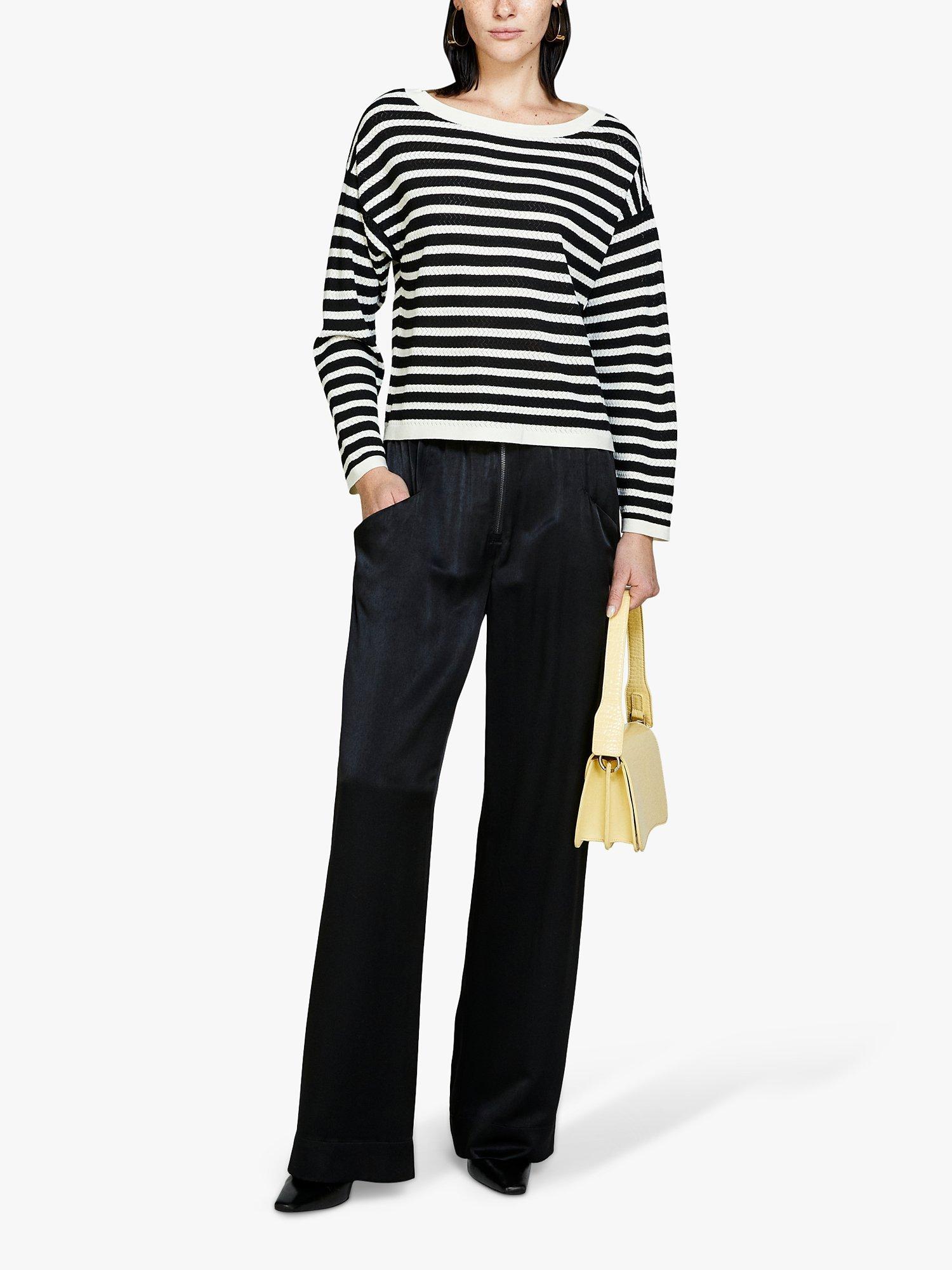 SISLEY Striped Boat Neck Jumper, Black/White, S