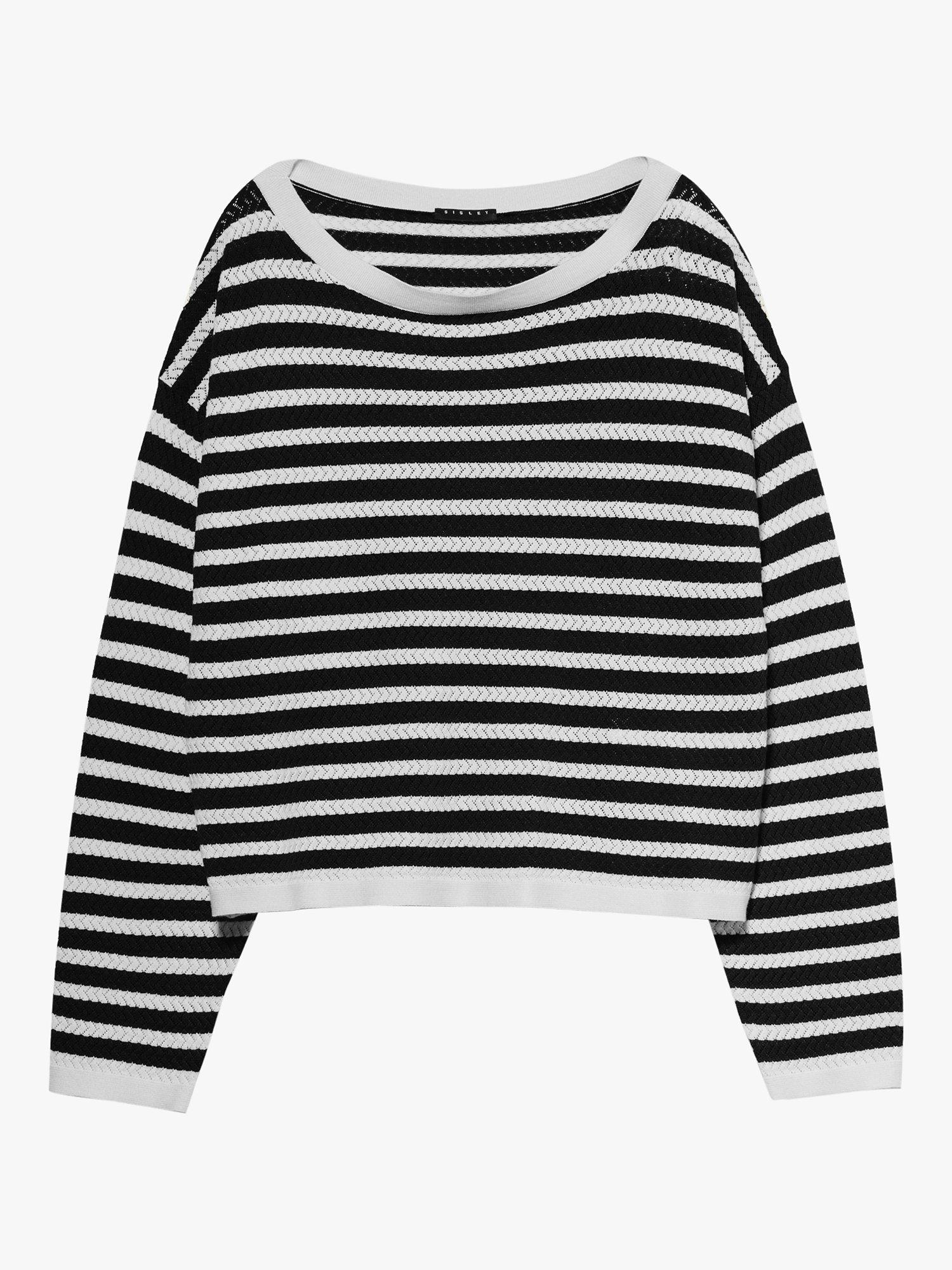 SISLEY Striped Boat Neck Jumper, Black/White, S