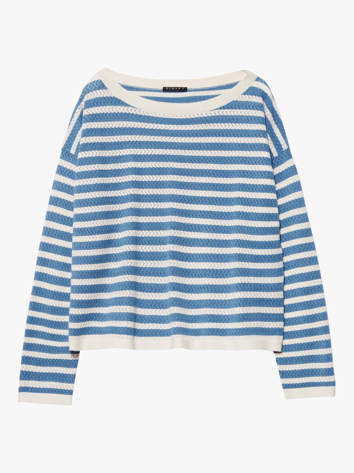 Product image 5 of 5, which shows SISLEY Striped Boat Neck Jumper, Blue/White, S
