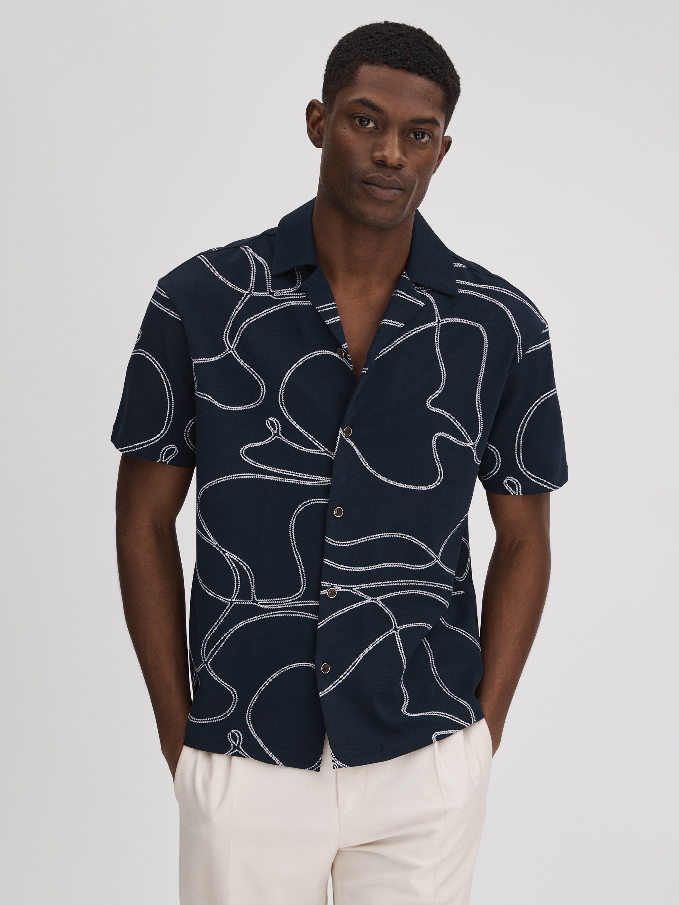 Reiss Menton Short Sleeve Swirl Embroidered Shirt, Blue/White