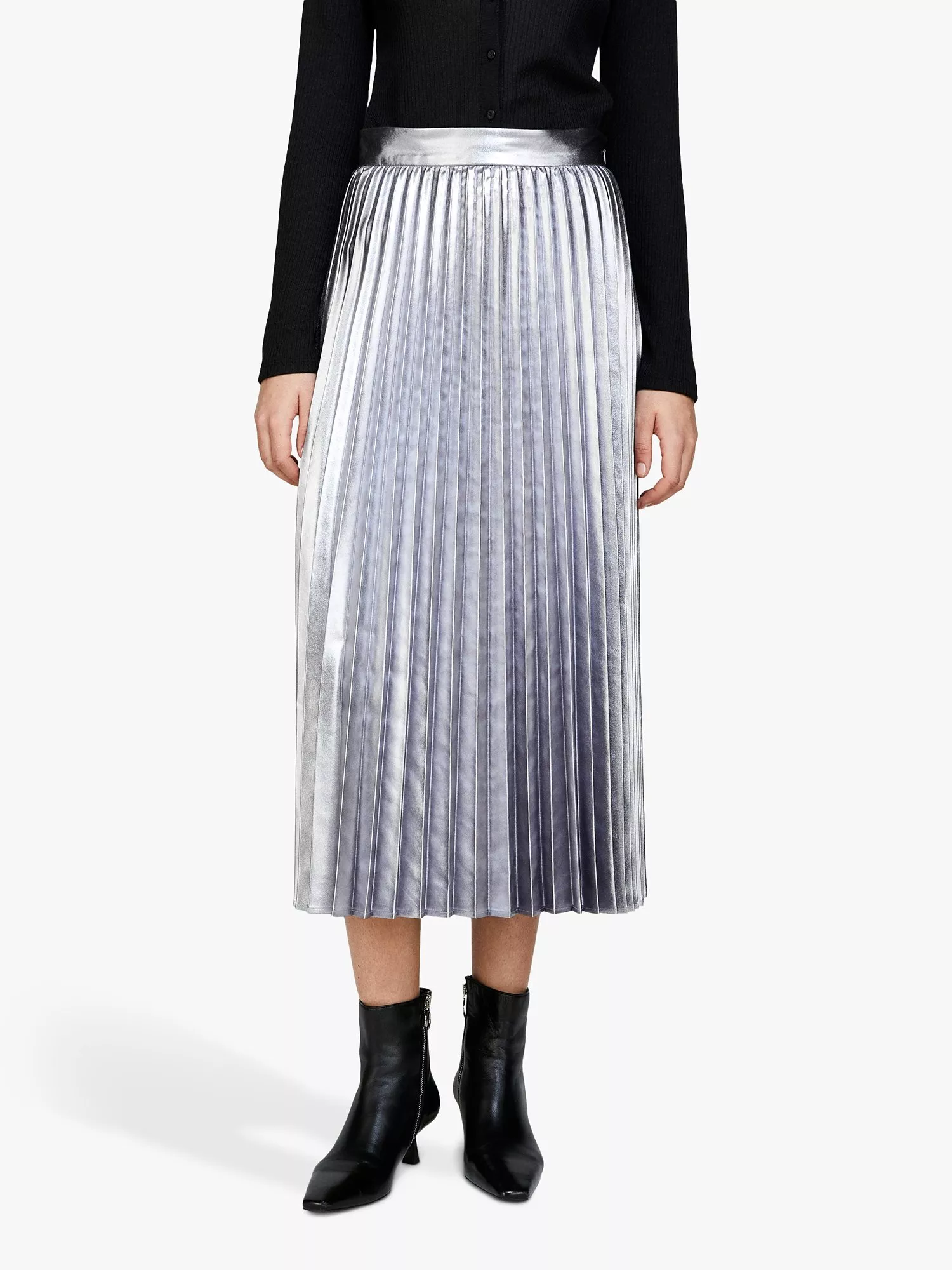 SISLEY Glossy Midi Pleated Skirt Silver