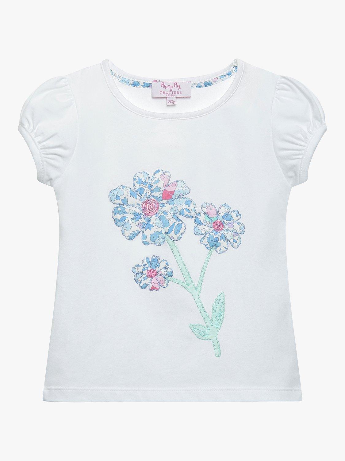 Product image 1 of 5, which shows Trotters Kids' Peppa Pig Meadow Liberty Print Flower Jersey Top, White/Blue, 12 months