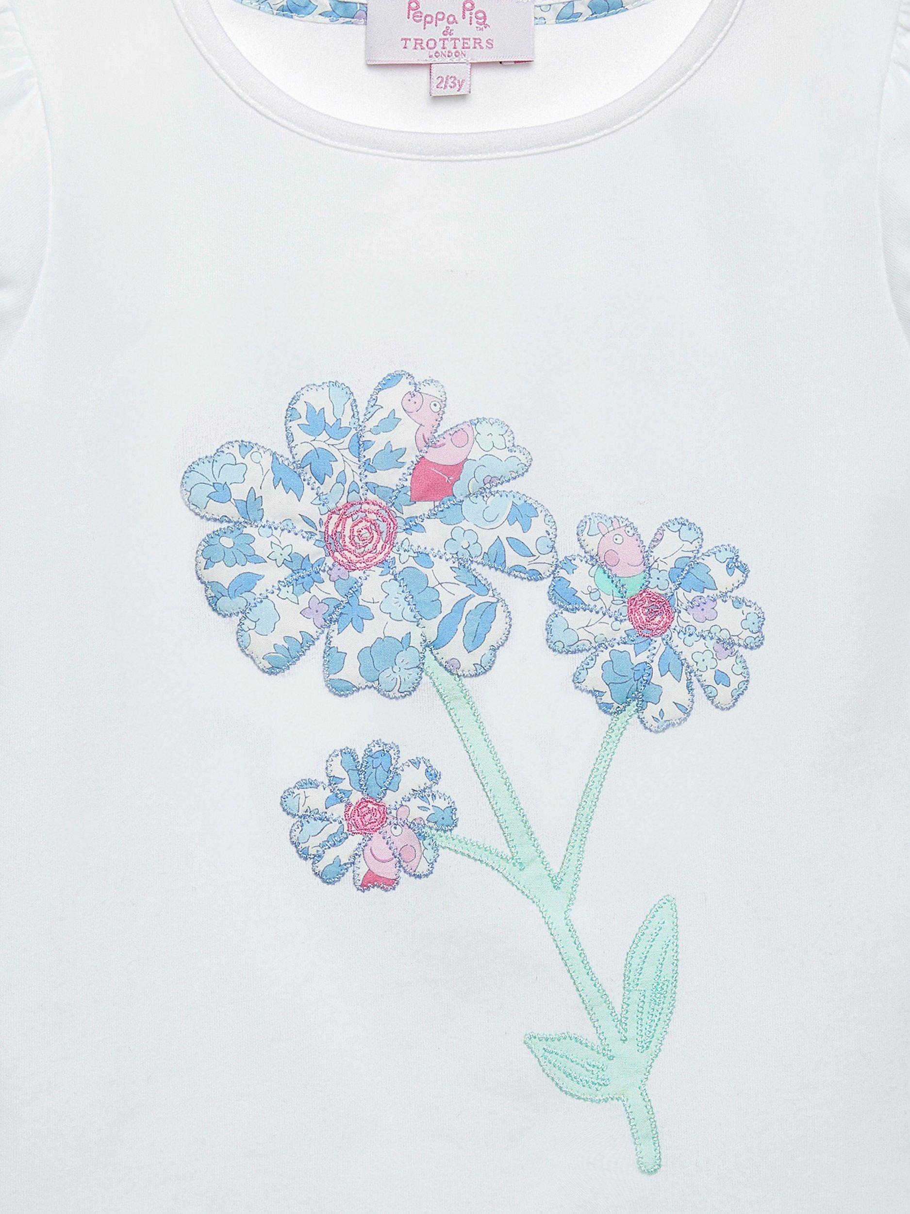 Product image 3 of 5, which shows Trotters Kids' Peppa Pig Meadow Liberty Print Flower Jersey Top, White/Blue, 12 months