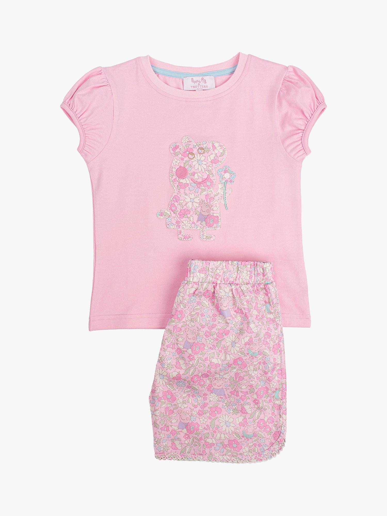 Product image 1 of 3, which shows Trotters Kids' Peppa Pig Applique Shorts Pyjamas, Pink Peppa Meadow, 12-24 months