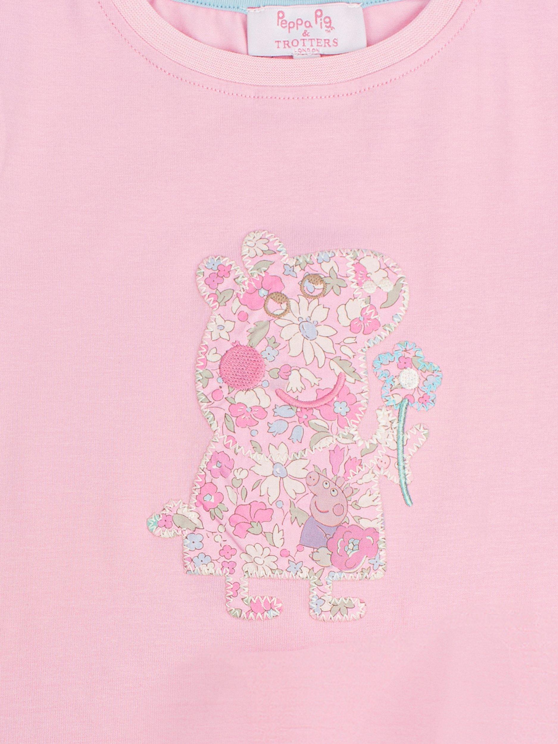 Product image 3 of 3, which shows Trotters Kids' Peppa Pig Applique Shorts Pyjamas, Pink Peppa Meadow, 12-24 months