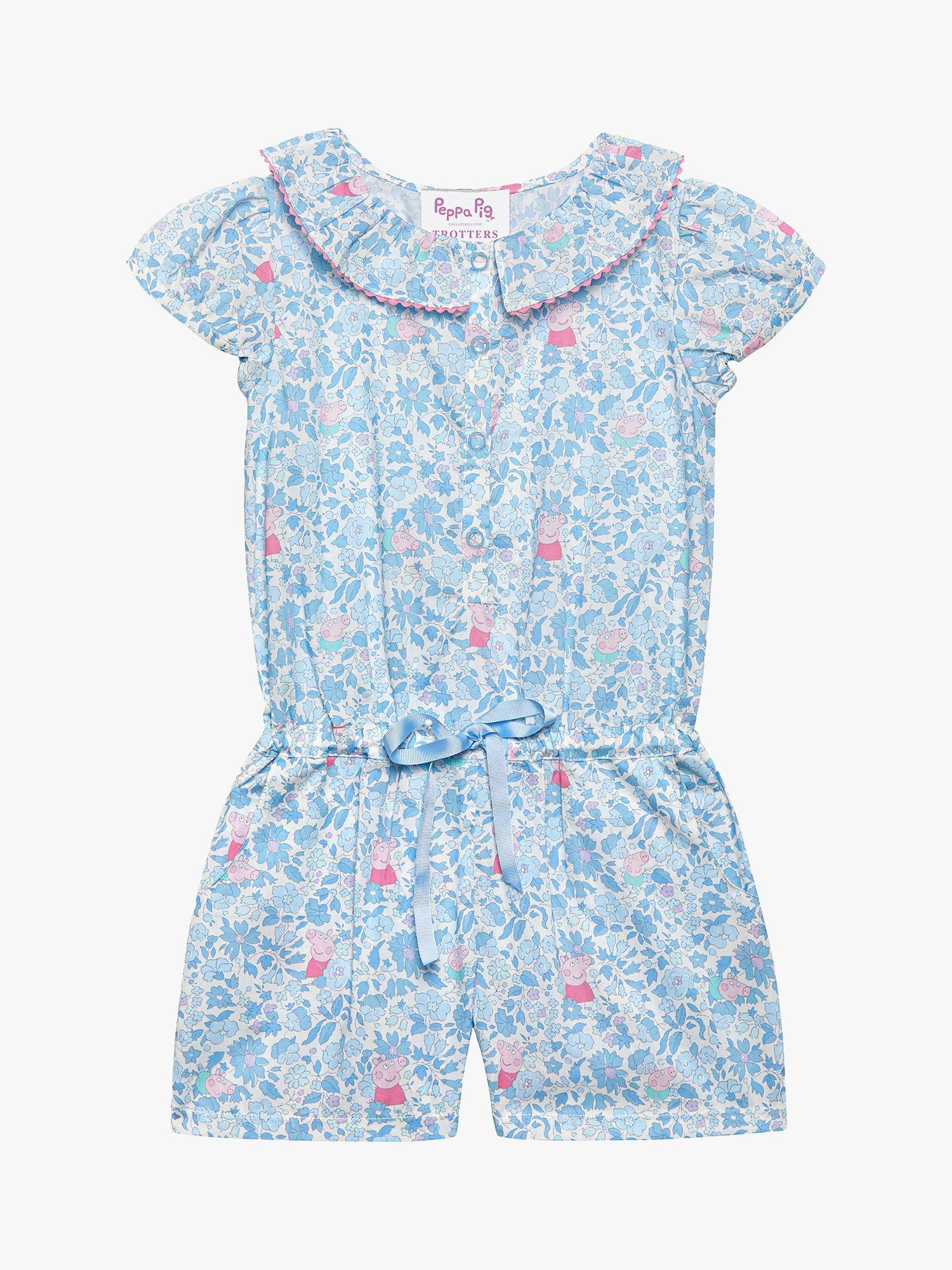 Product image 1 of 4, which shows Trotters Kids' Peppa Meadow Liberty Print Collar Playsuit, Blue/Multi, 12 months