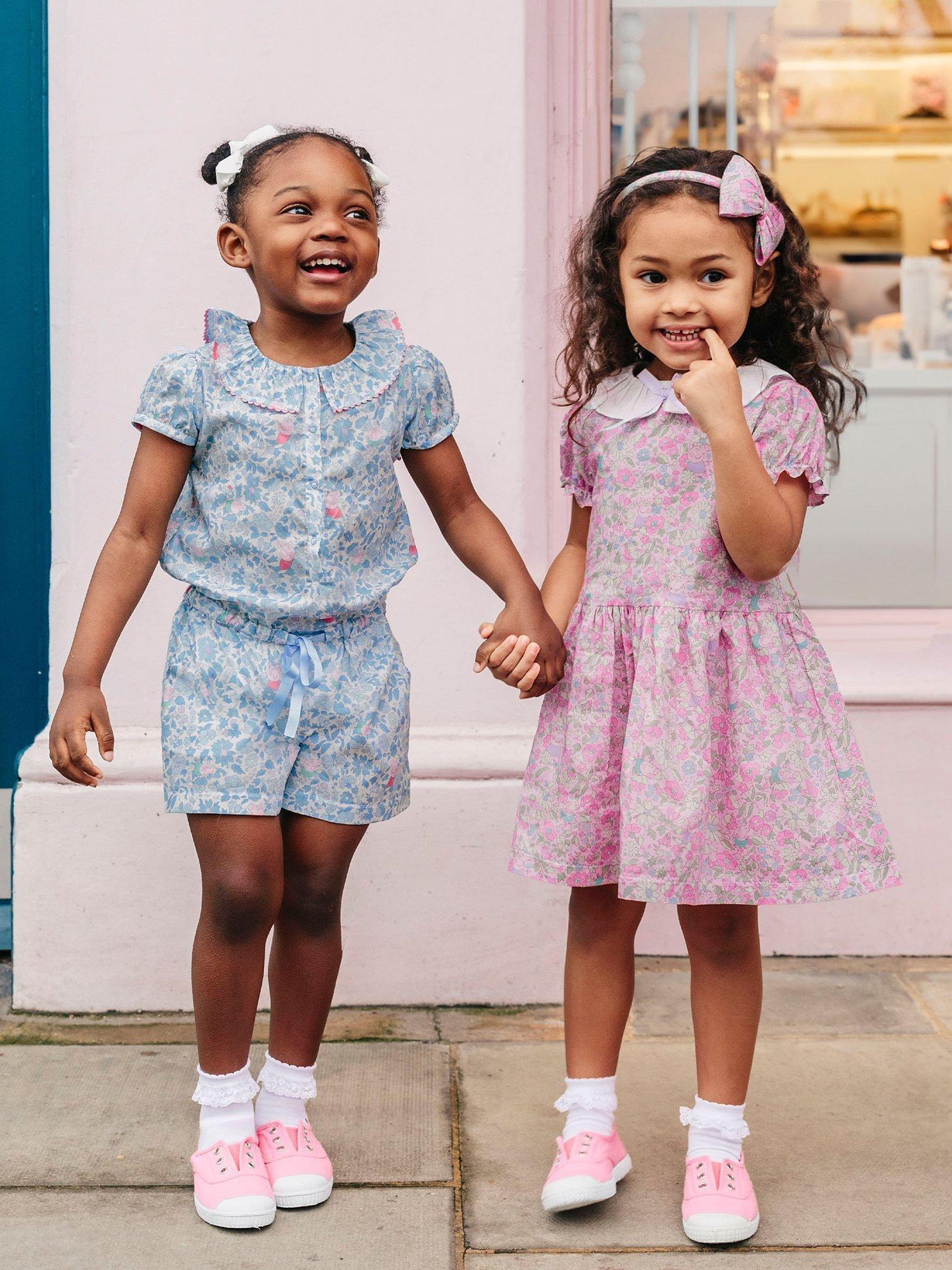Product image 4 of 4, which shows Trotters Kids' Peppa Meadow Liberty Print Collar Playsuit, Blue/Multi, 12 months