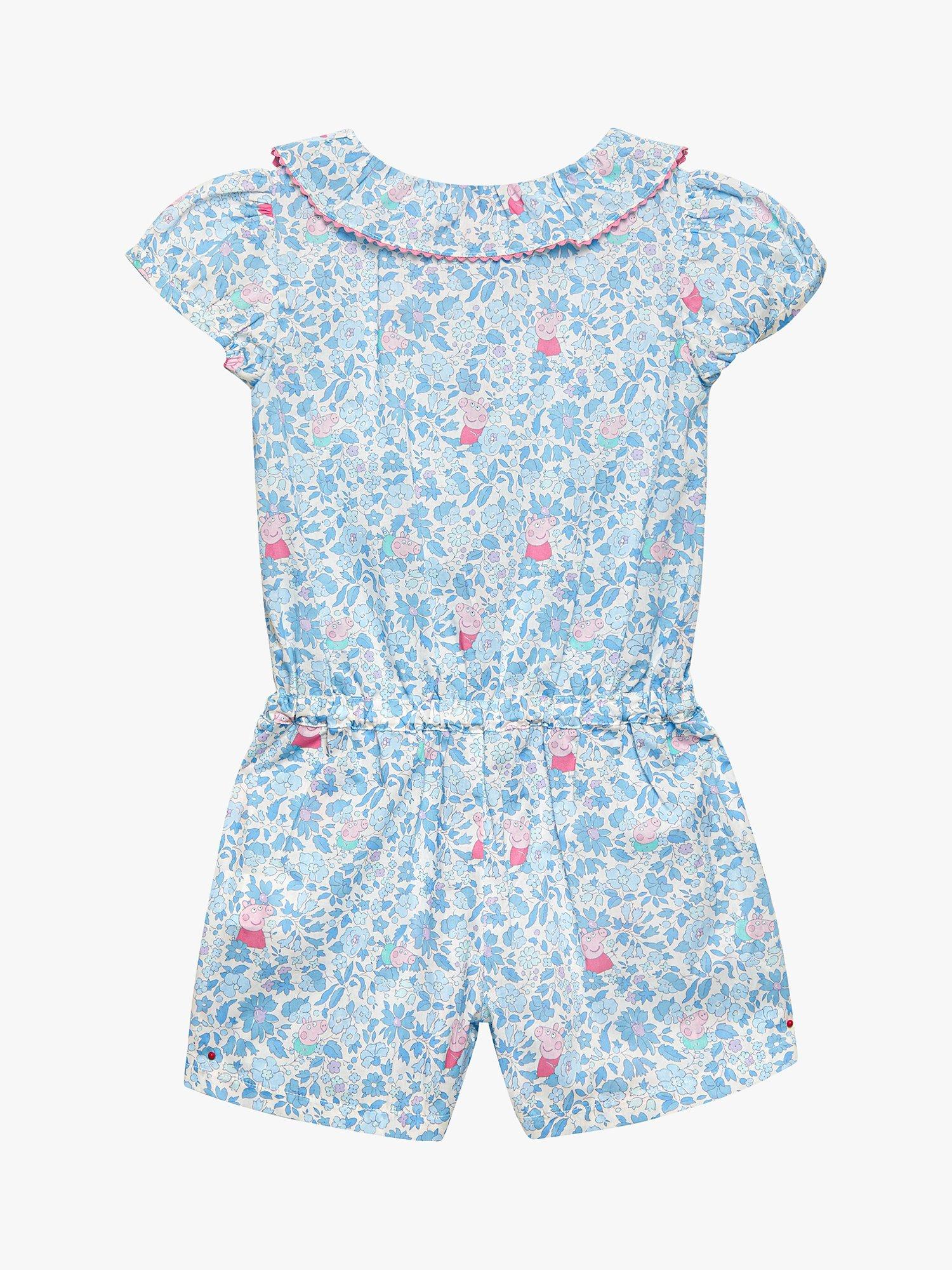 Product image 2 of 4, which shows Trotters Kids' Peppa Meadow Liberty Print Collar Playsuit, Blue/Multi, 12 months