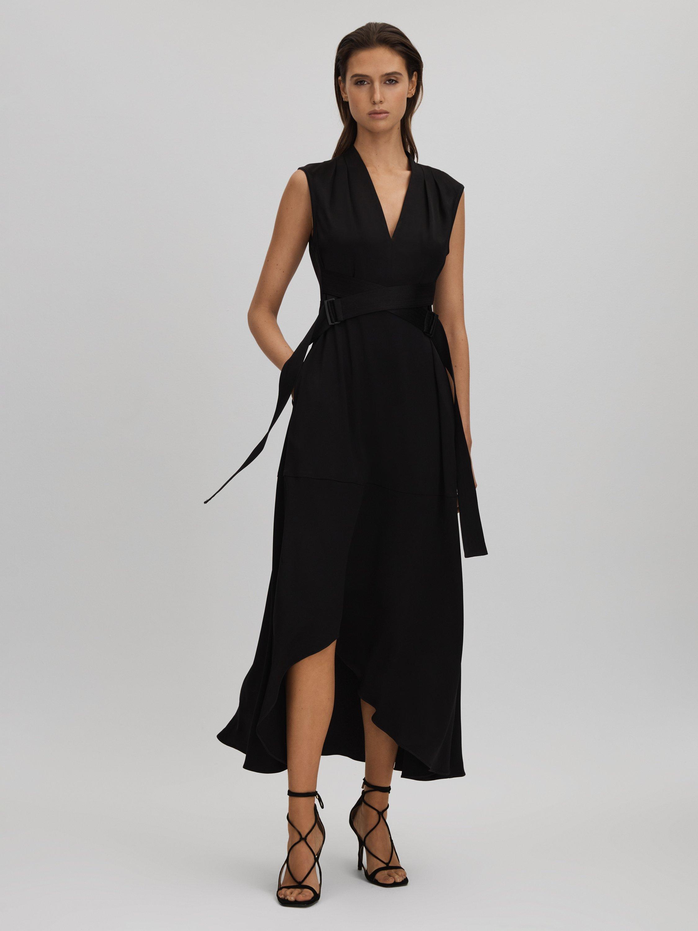 Reiss Strappy Asymmetric Midi Dress Black