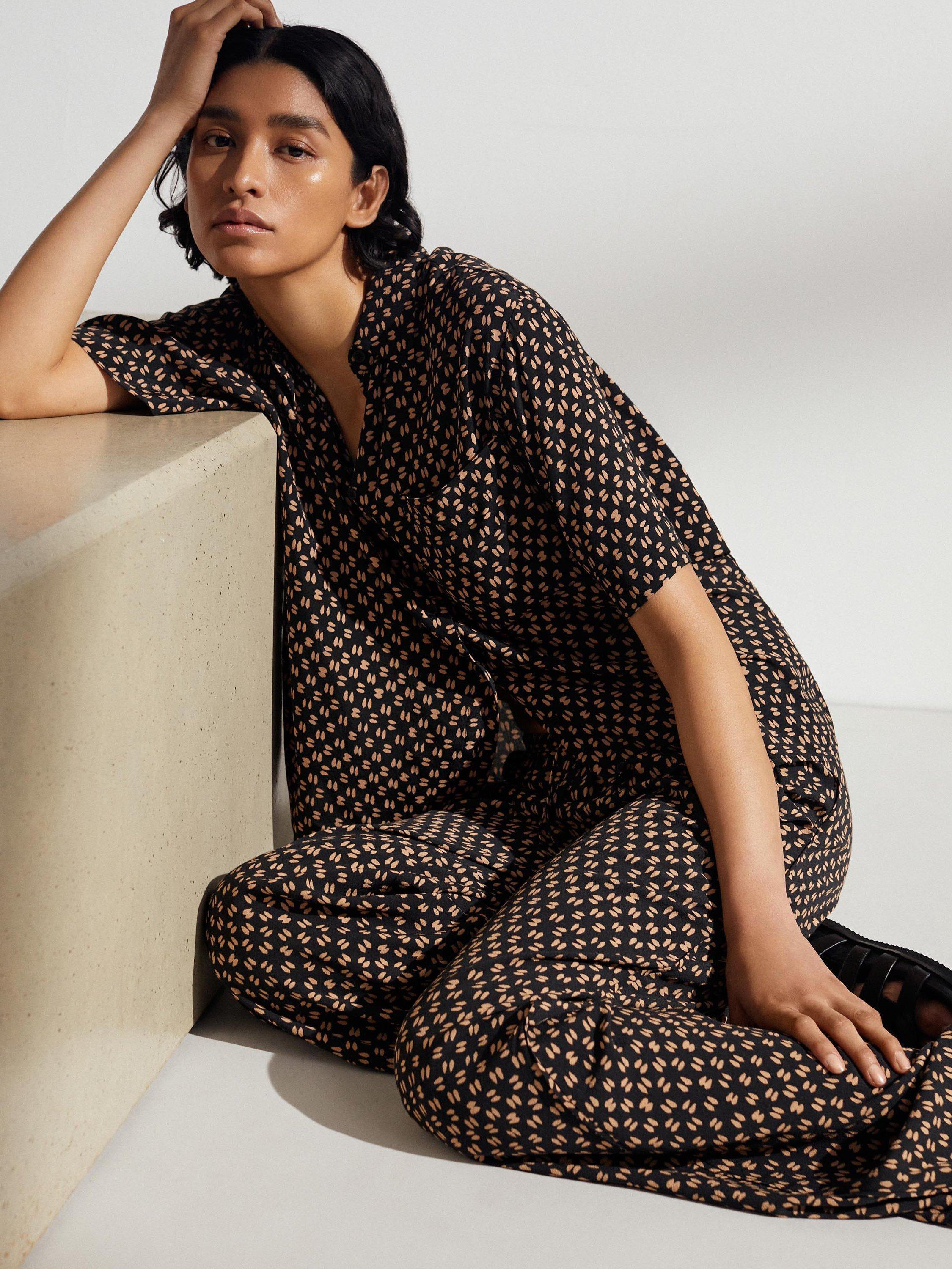 Product image 1 of 5, which shows HUSH Shia Ecovero Short Sleeve Shirt, Contrast Geo Brown, 10