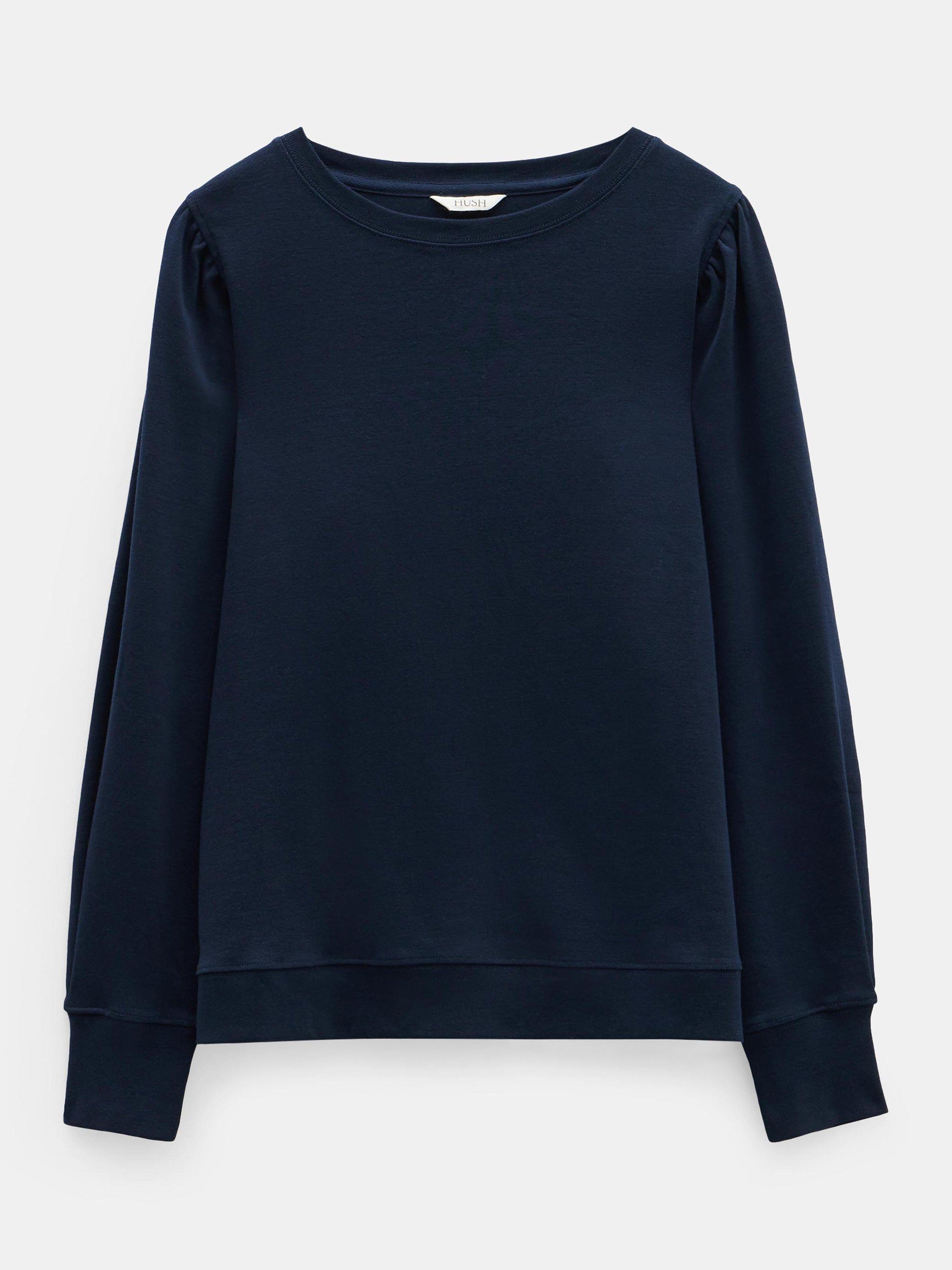 Product image 5 of 5, which shows HUSH Emily Puff Sleeve Cotton Jersey Top, Midnight Navy, XXS