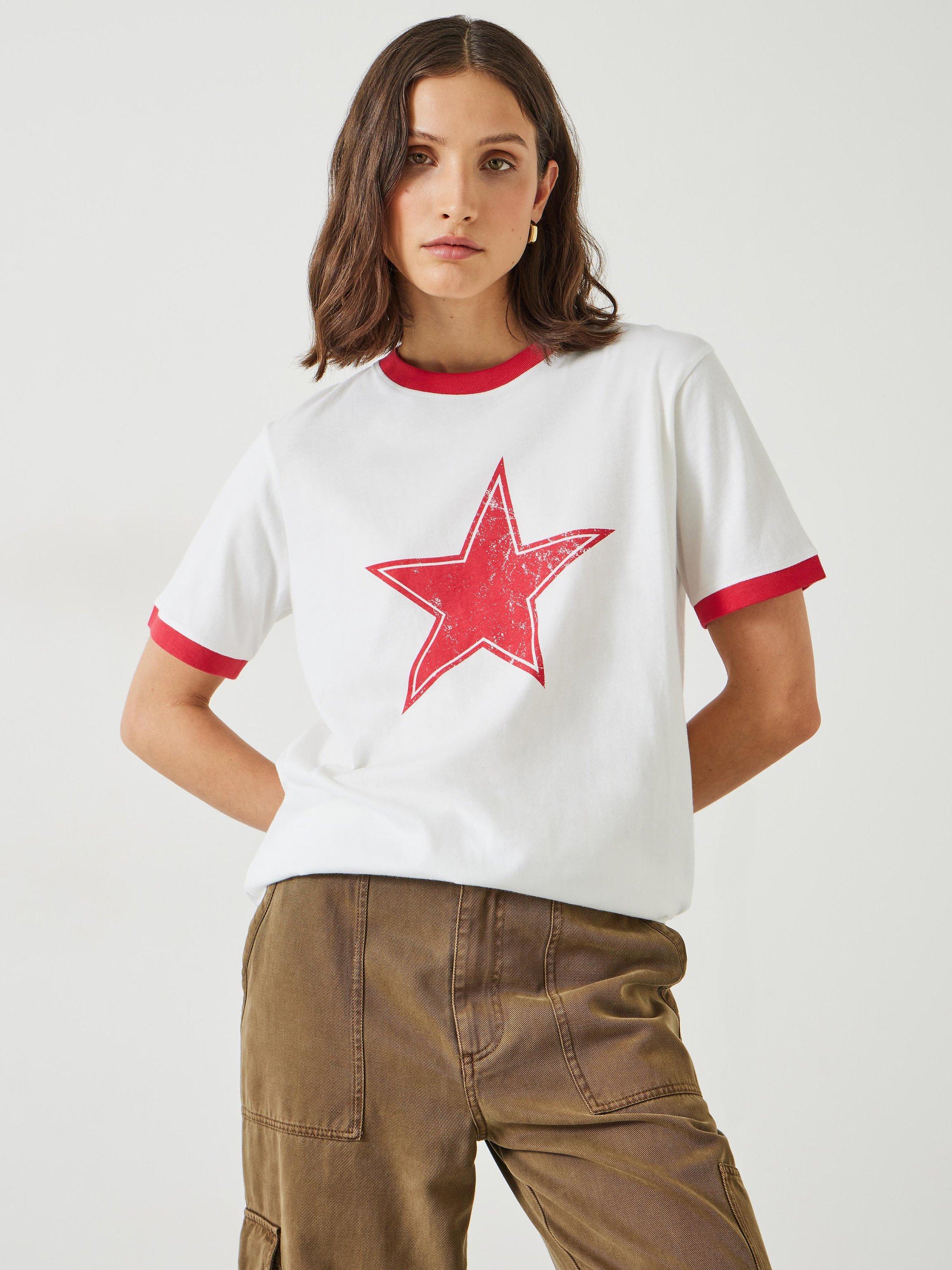 HUSH Shaan Star Ringer Cotton T-Shirt, White/Red