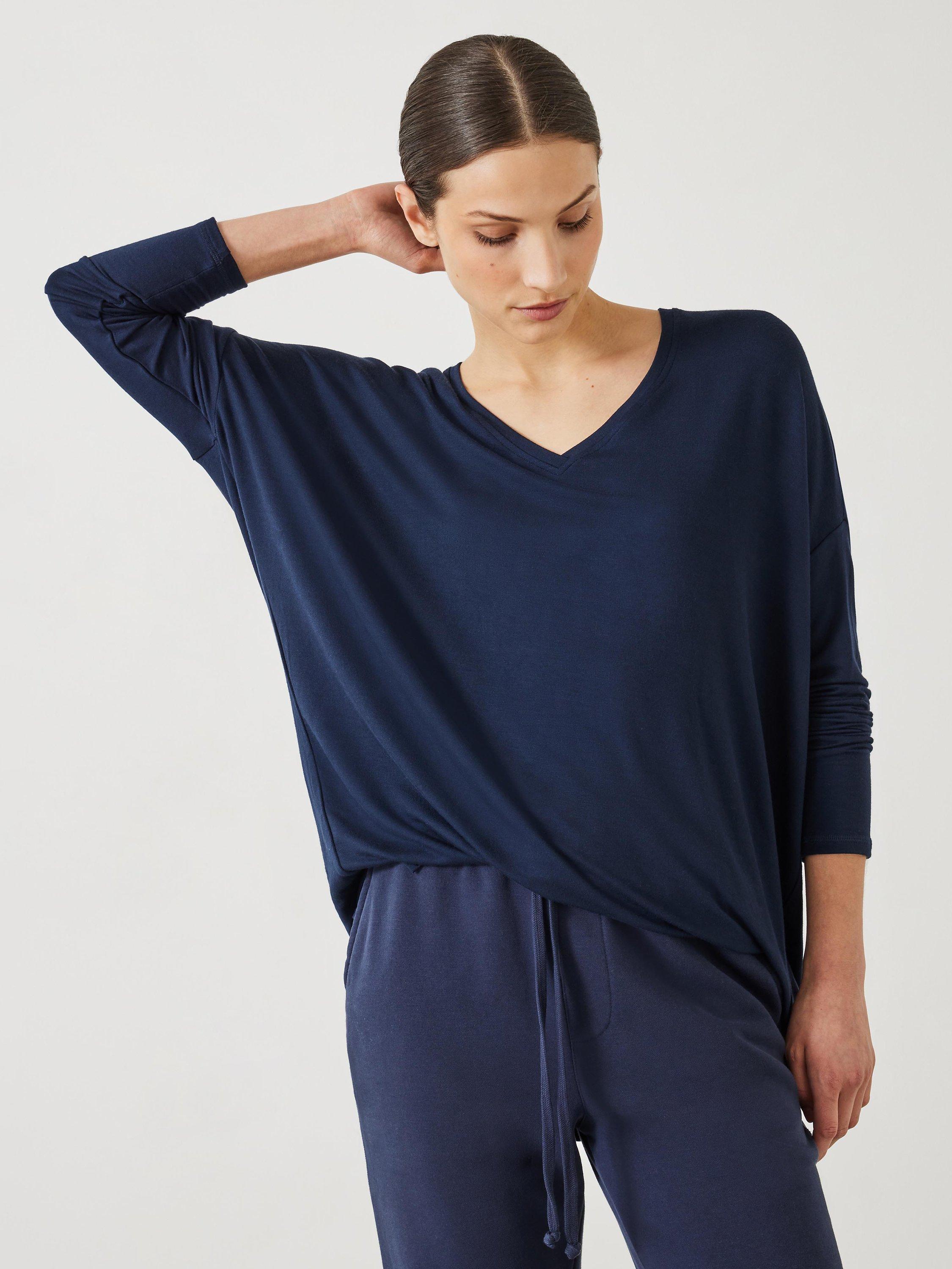 HUSH Gillian V Neck Longline Jersey Top, Midnight