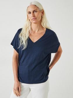HUSH Danny Deep V-Neck Linen Blend T-Shirt, Dark Navy