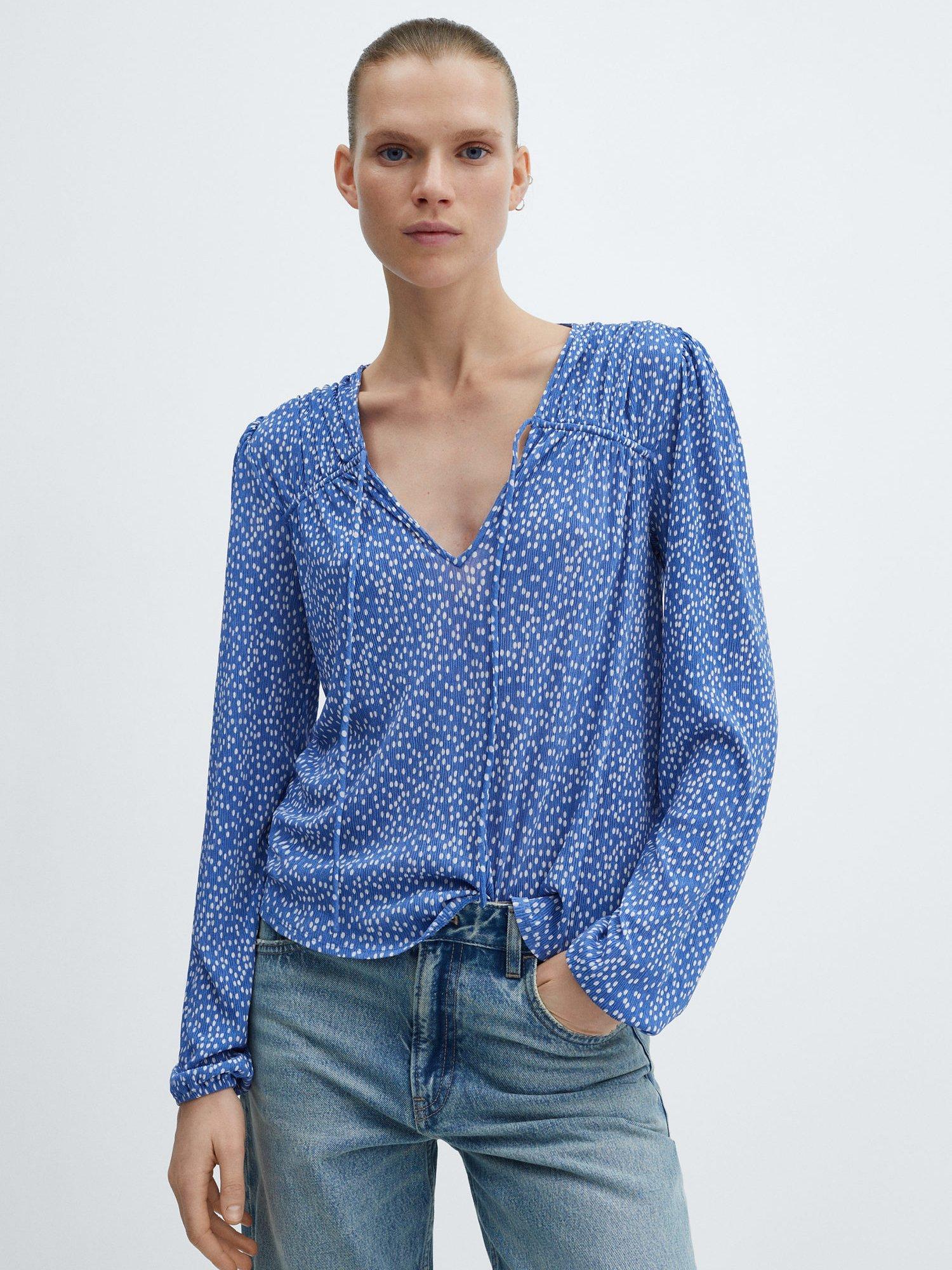 Mango Pomelo Tie Neck Spot Print Blouse, Medium Blue