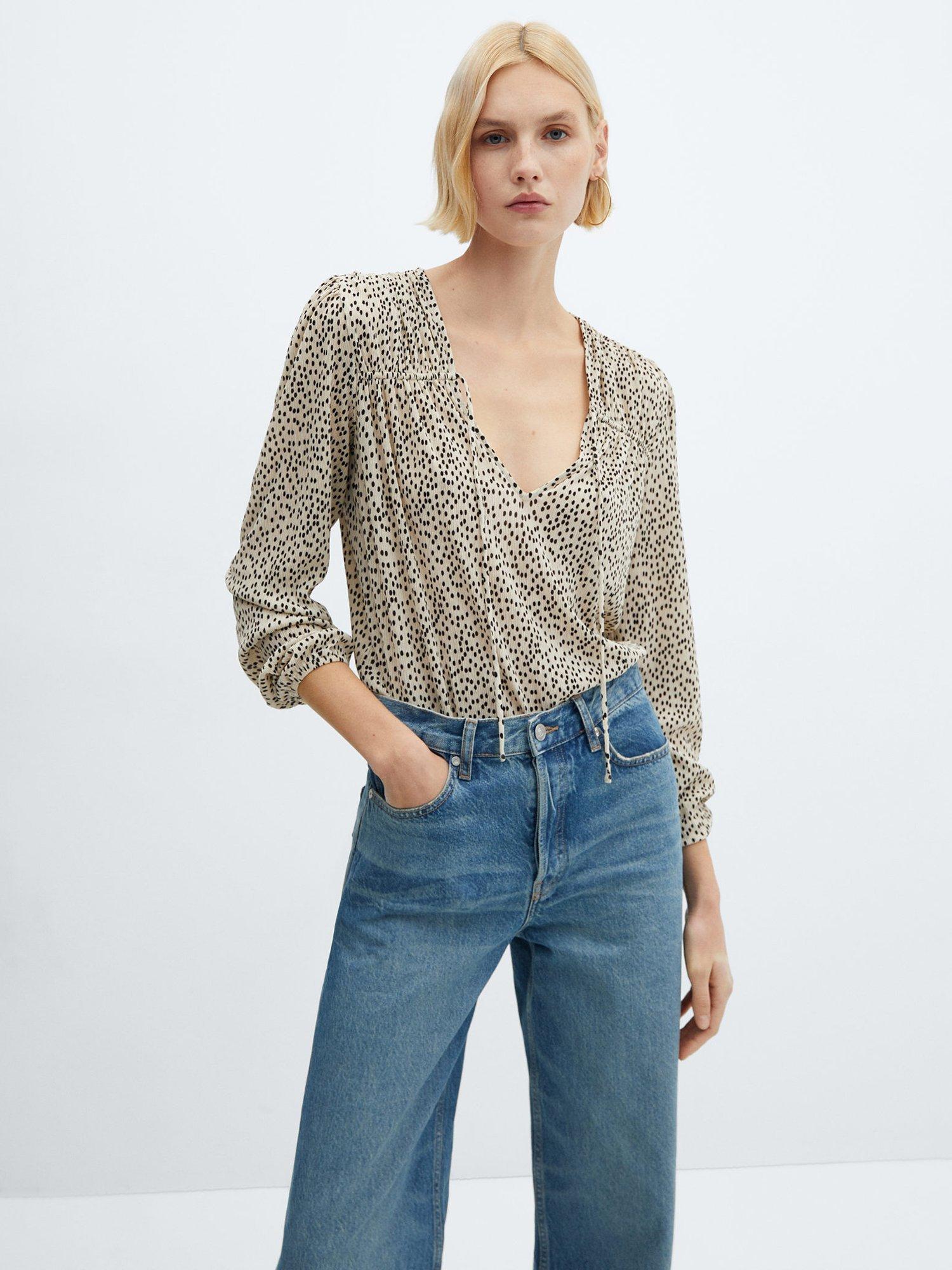 Mango Pomelo Tie Neck Spot Print Blouse, Light Beige