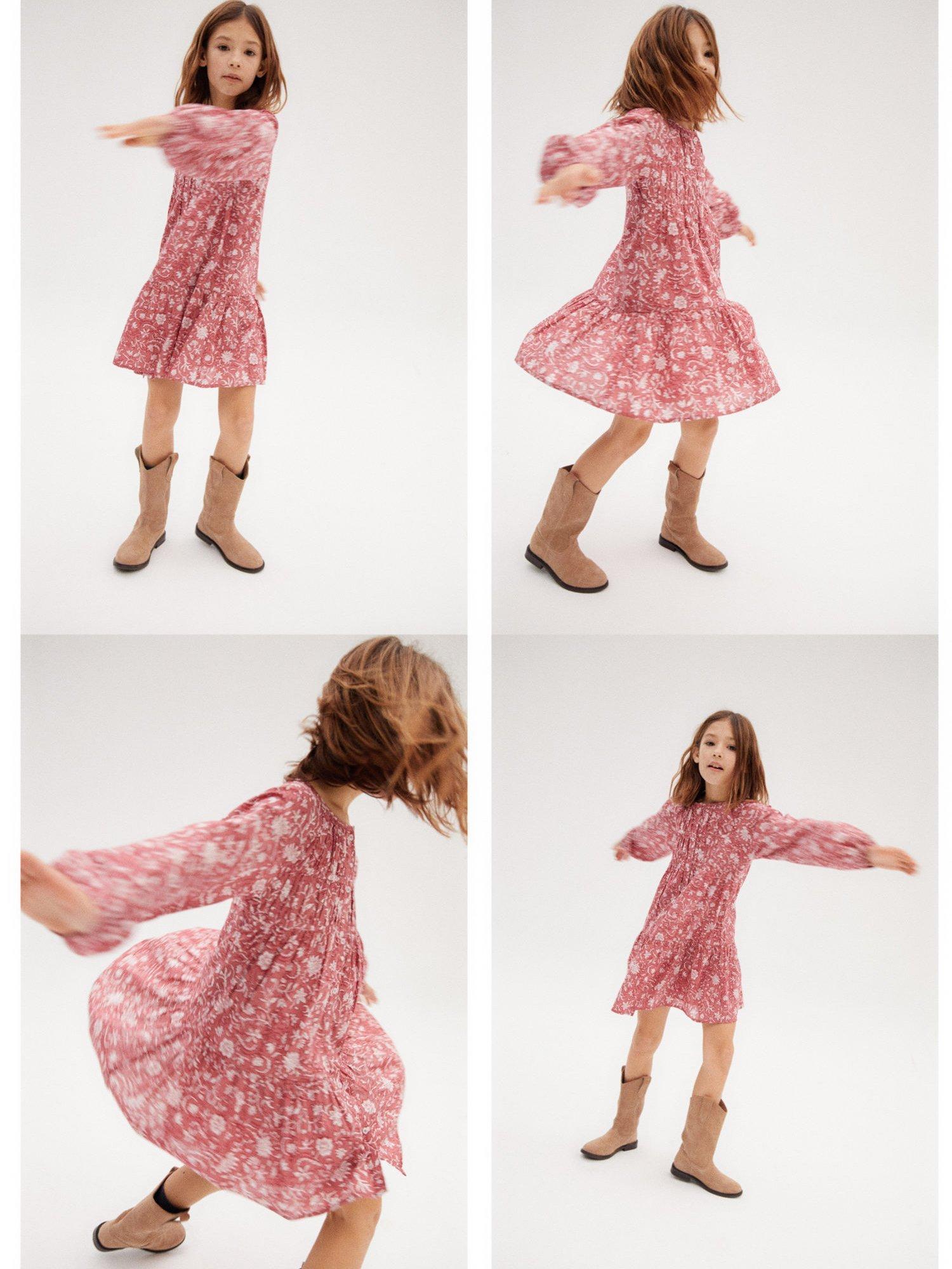 Mango Kids' Lola Floral Print Ruffle Tiered Dress, Pink