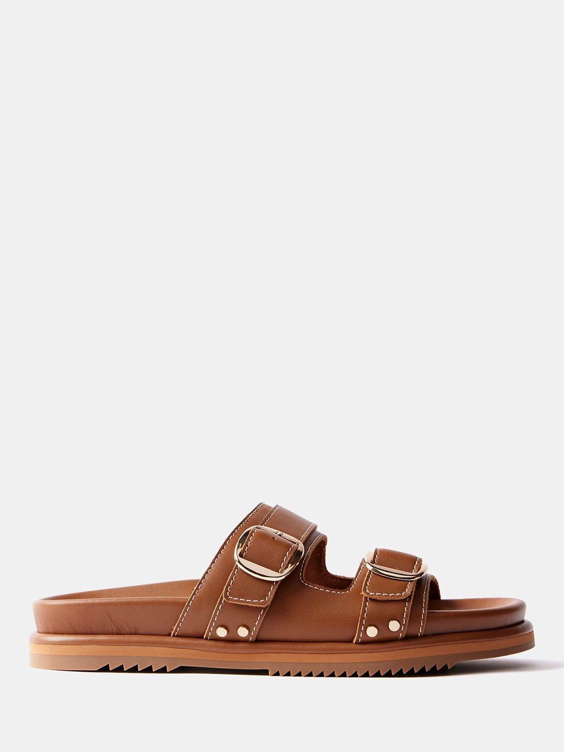 Mint Velvet Double Buckle Strap Leather Sandals, Tan